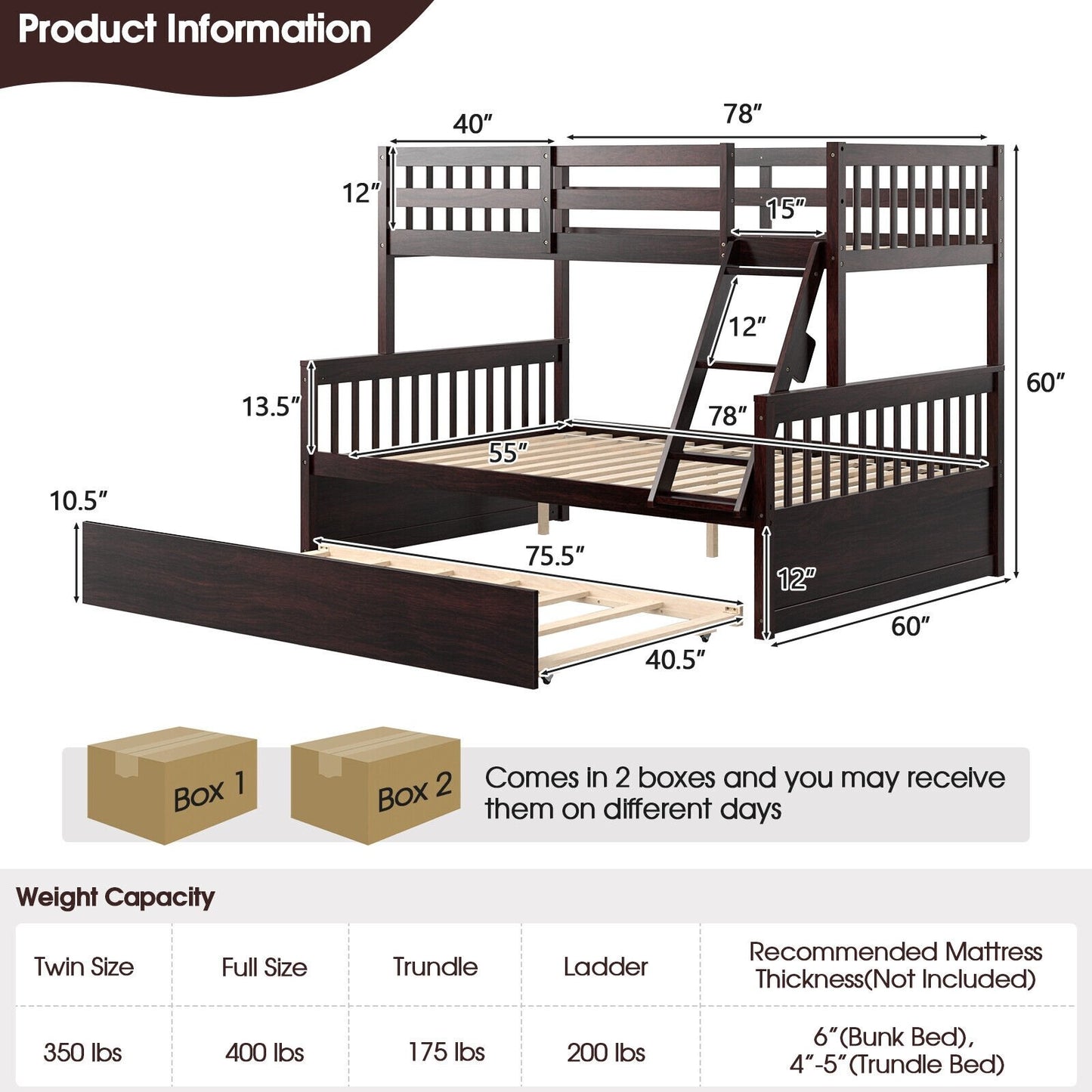 Twin Over Full Convertible Bunk Bed with Twin Trundle, Espresso - Gallery Canada