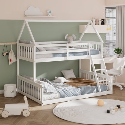 Twin Over Full House Bunk Bed with Ladder and Guardrails, White Bunk Bed Frame   at Gallery Canada