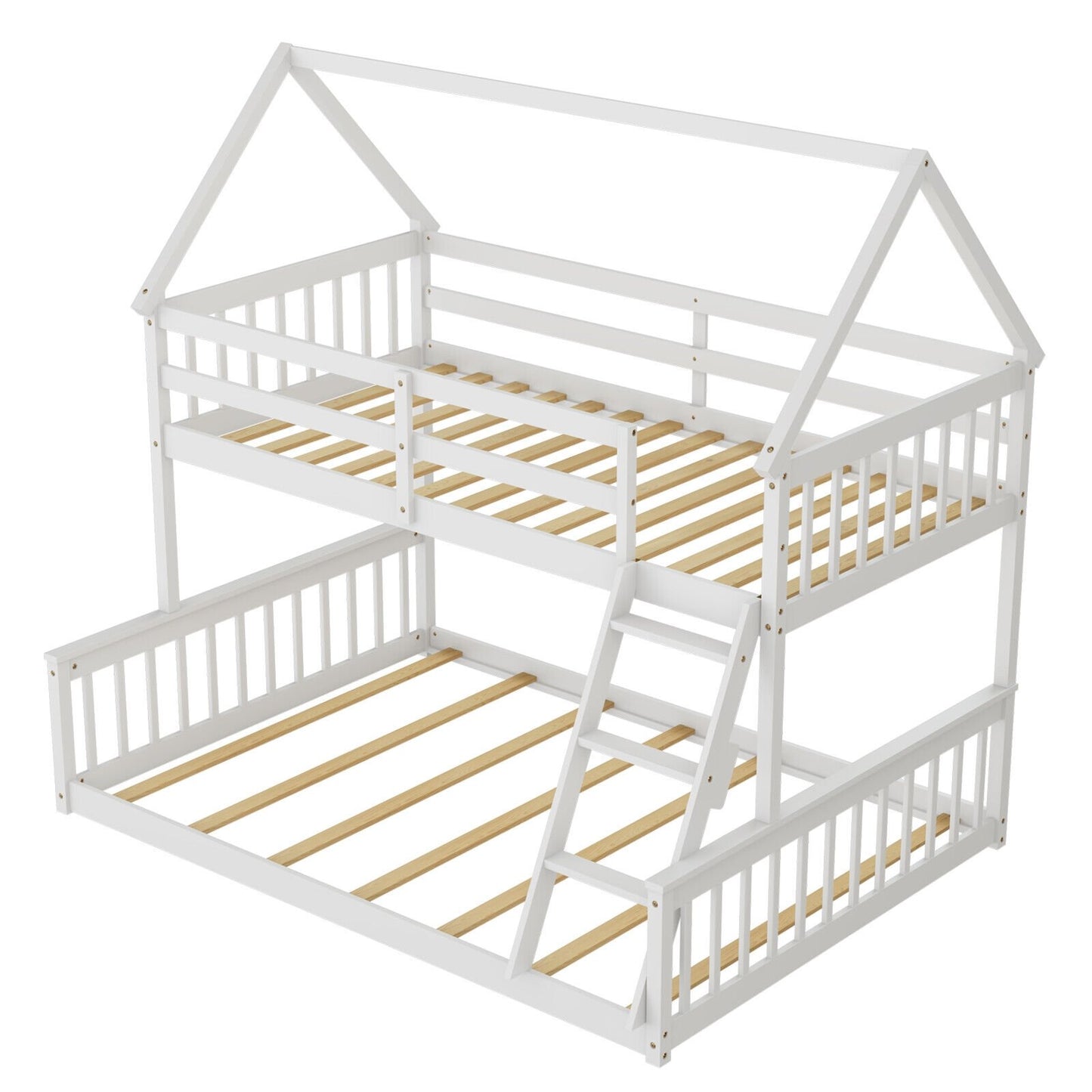 Twin Over Full House Bunk Bed with Ladder and Guardrails, White Bunk Bed Frame   at Gallery Canada