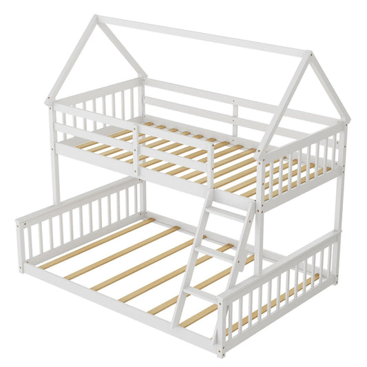 Twin Over Full House Bunk Bed with Ladder and Guardrails, White Bunk Bed Frame   at Gallery Canada