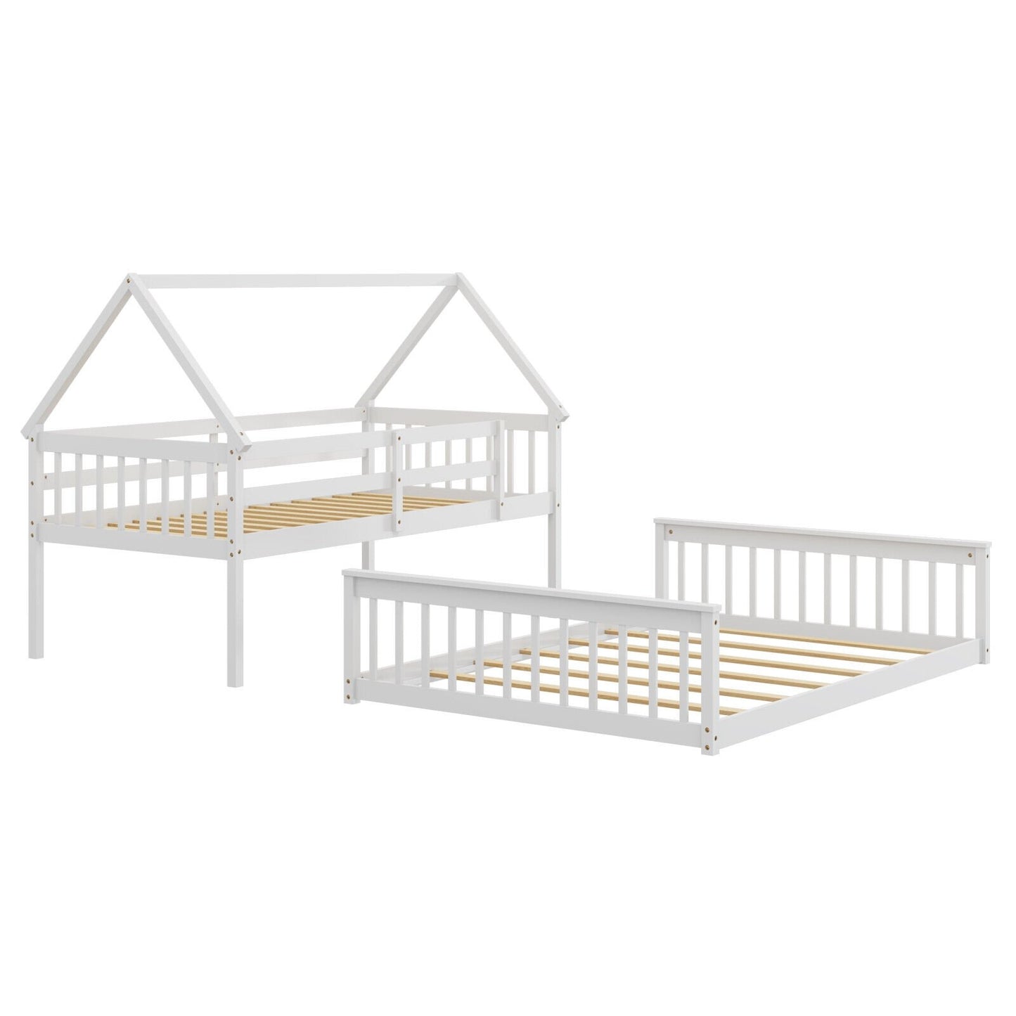 Twin Over Full House Bunk Bed with Ladder and Guardrails, White Bunk Bed Frame   at Gallery Canada