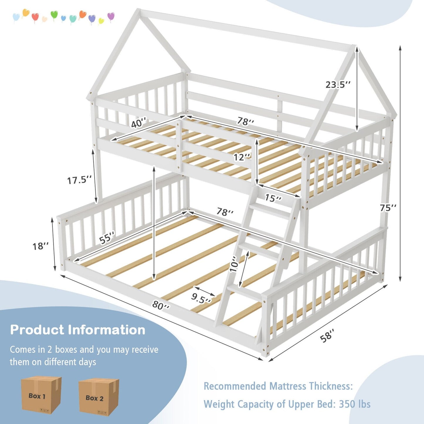 Twin Over Full House Bunk Bed with Ladder and Guardrails, White Bunk Bed Frame   at Gallery Canada