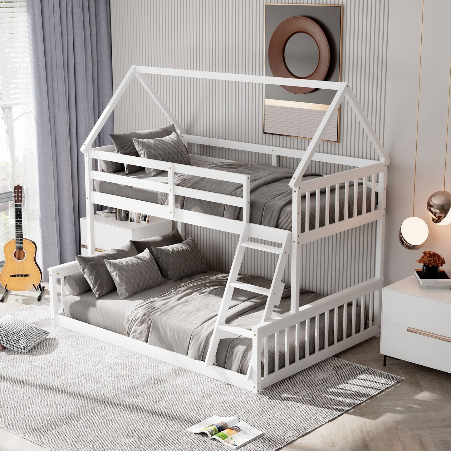 Twin Over Full House Bunk Bed with Ladder and Guardrails, White Bunk Bed Frame   at Gallery Canada