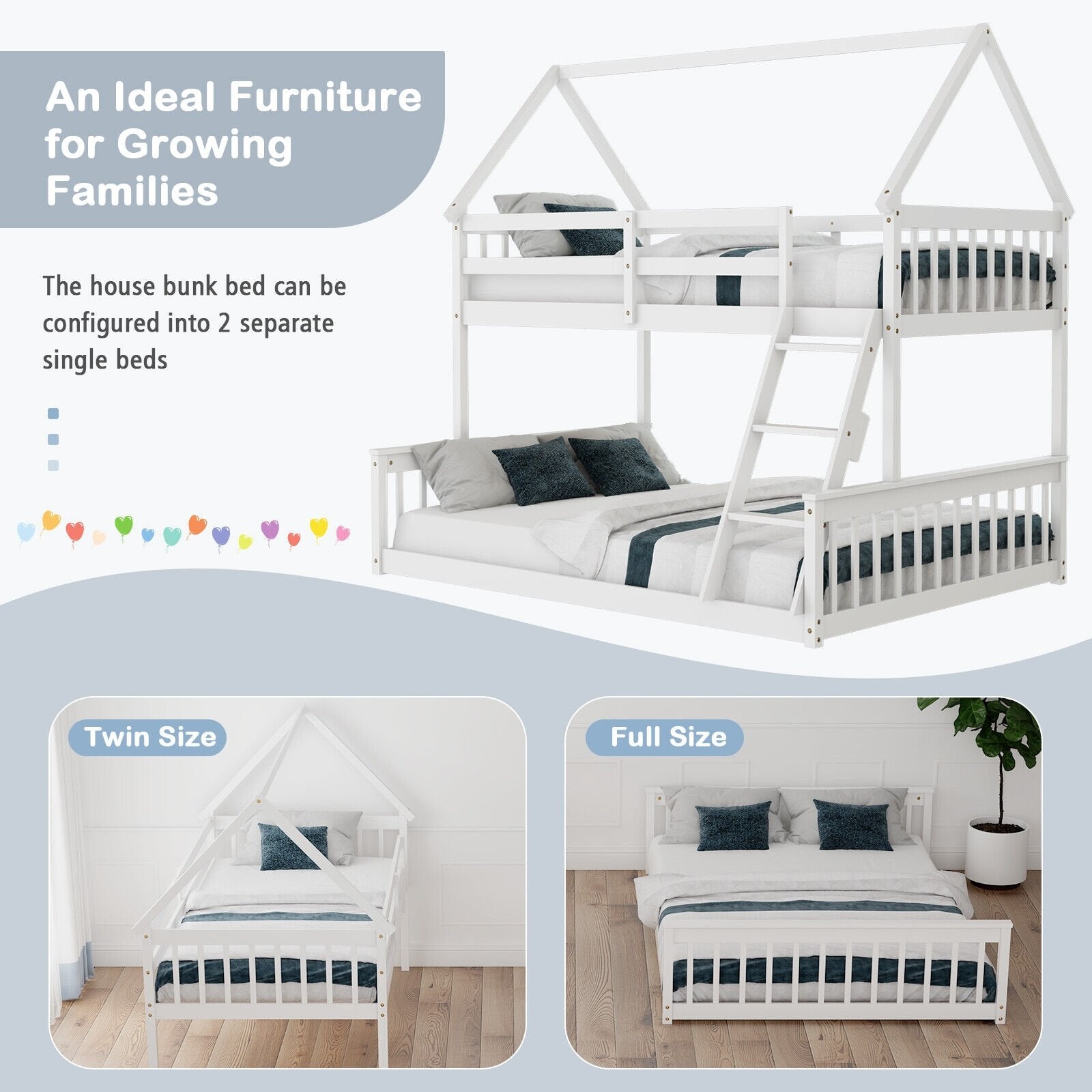 Twin Over Full House Bunk Bed with Ladder and Guardrails, White Bunk Bed Frame   at Gallery Canada