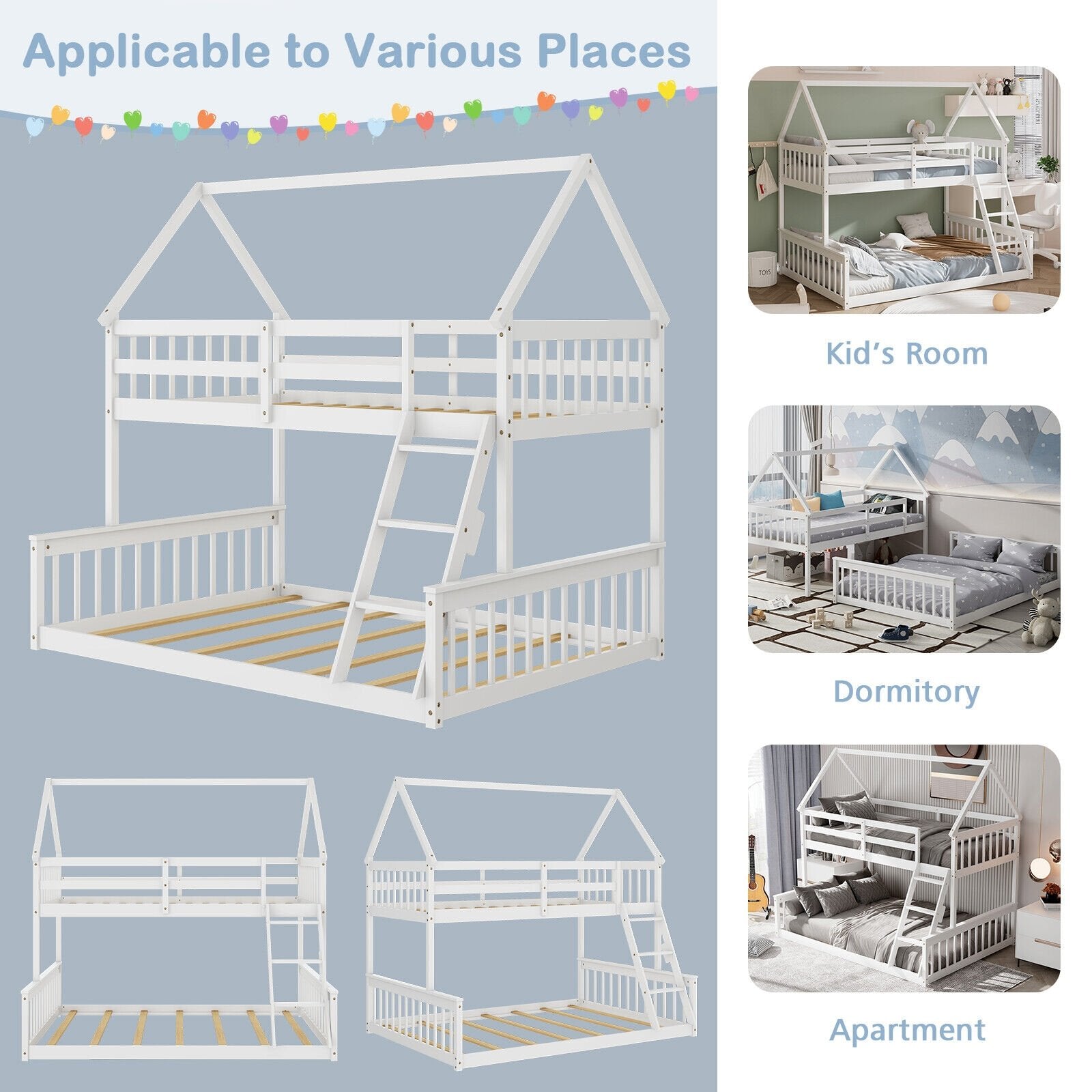 Twin Over Full House Bunk Bed with Ladder and Guardrails, White Bunk Bed Frame   at Gallery Canada