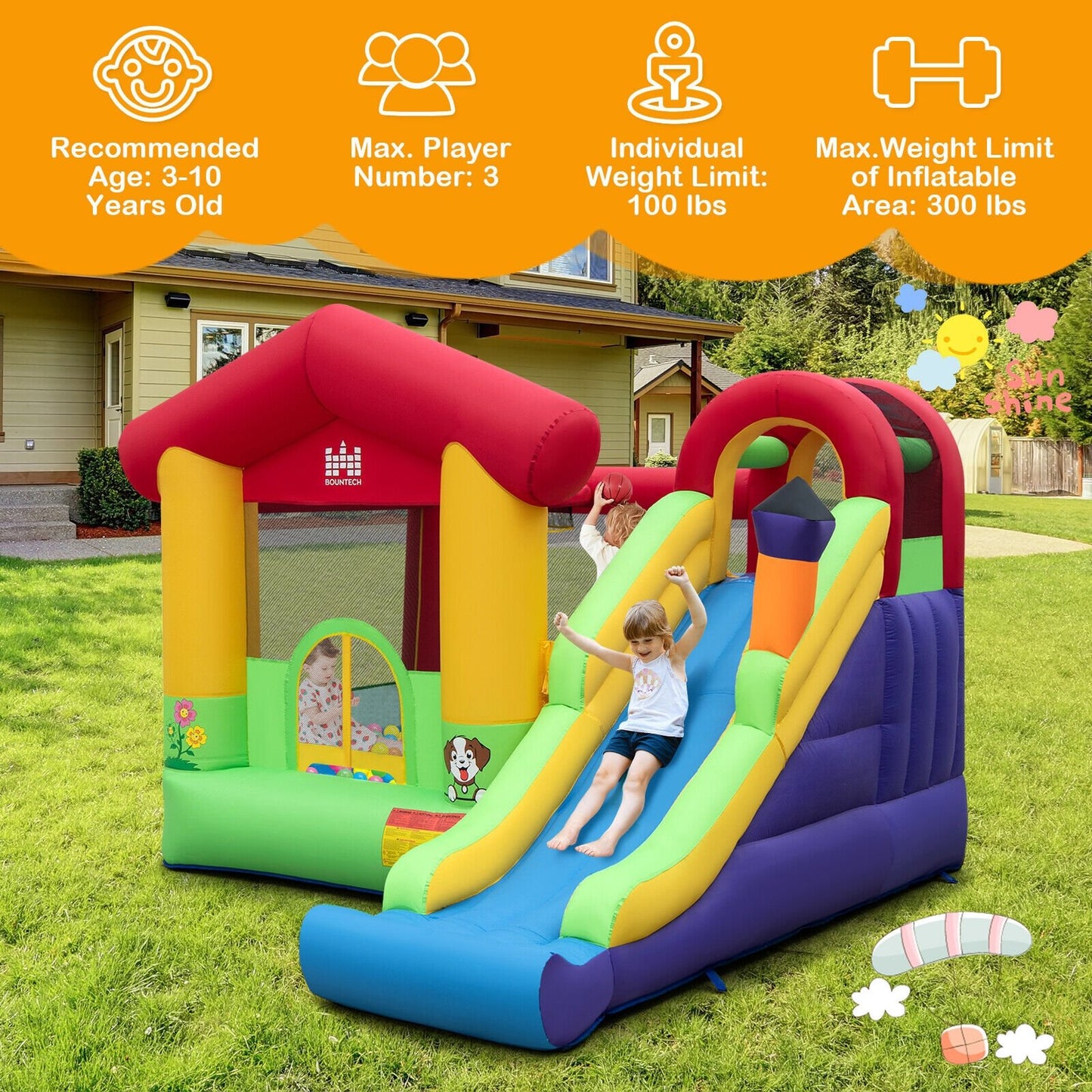 Inflatable Bounce House with Ocean Balls and 735W Air Blower, Multicolor - Gallery Canada