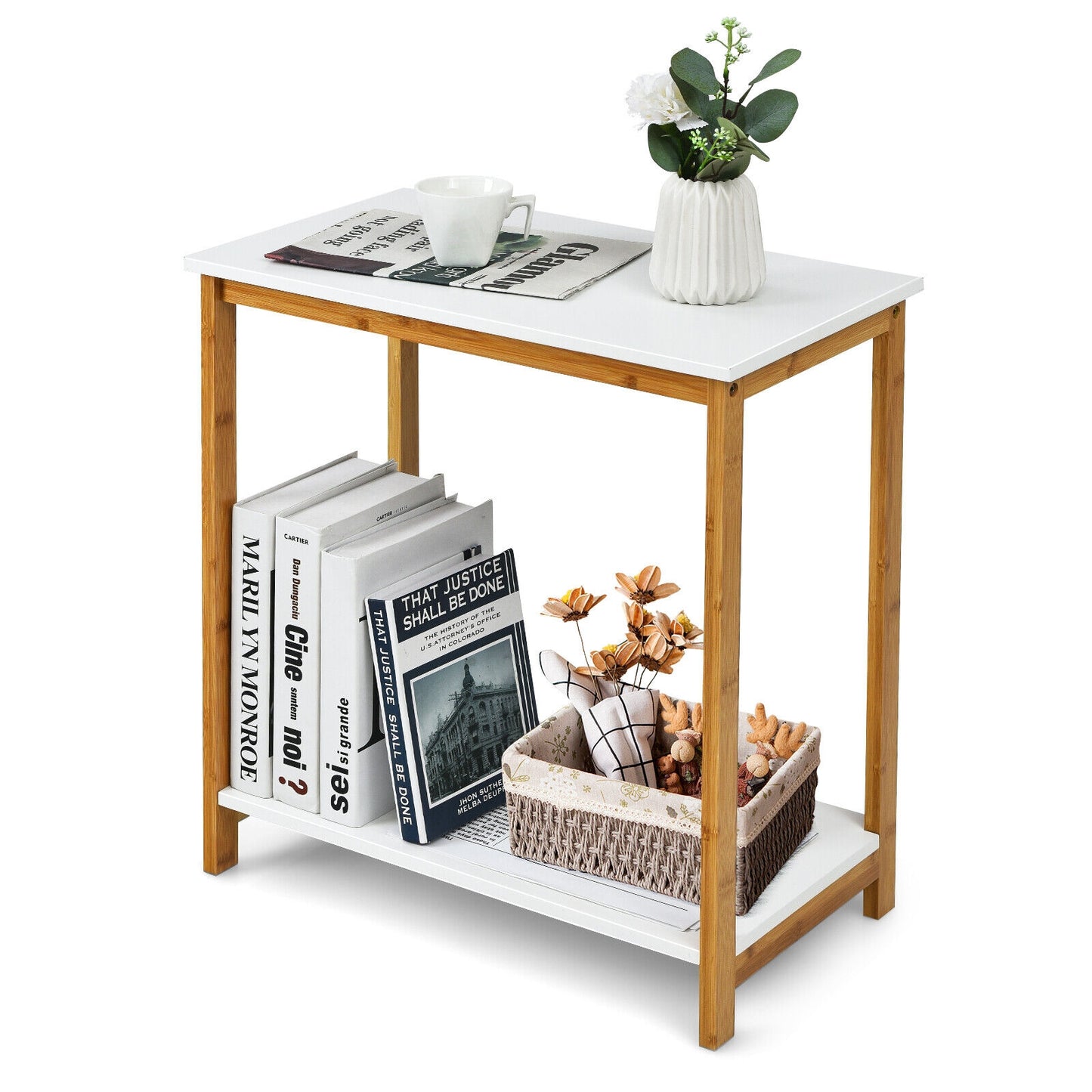 23 Inch Height 2-tier End Table with Bamboo Frame and Bottom Shelf, White - Gallery Canada
