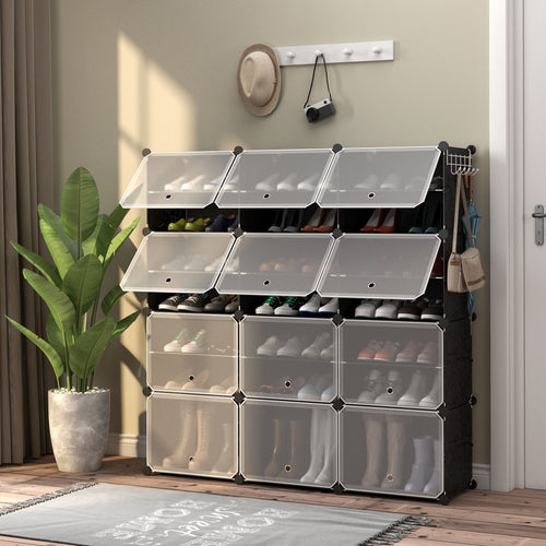 12-Cube 48 Pairs Portable Shoe Shelves with Hook, Black