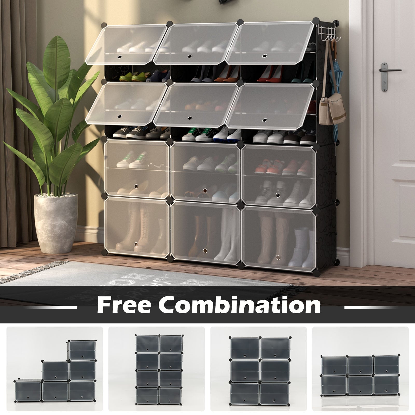 12-Cube 48 Pairs Portable Shoe Shelves with Hook, Black Shoe Racks & Storage Benches at Gallery Canada