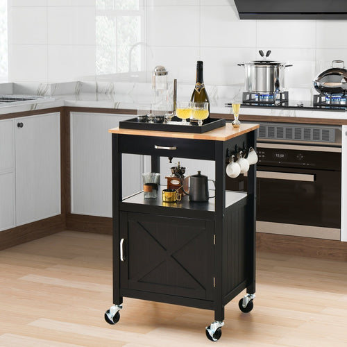 Rolling Kitchen Island Cart with Drawer and Side Hooks, Black