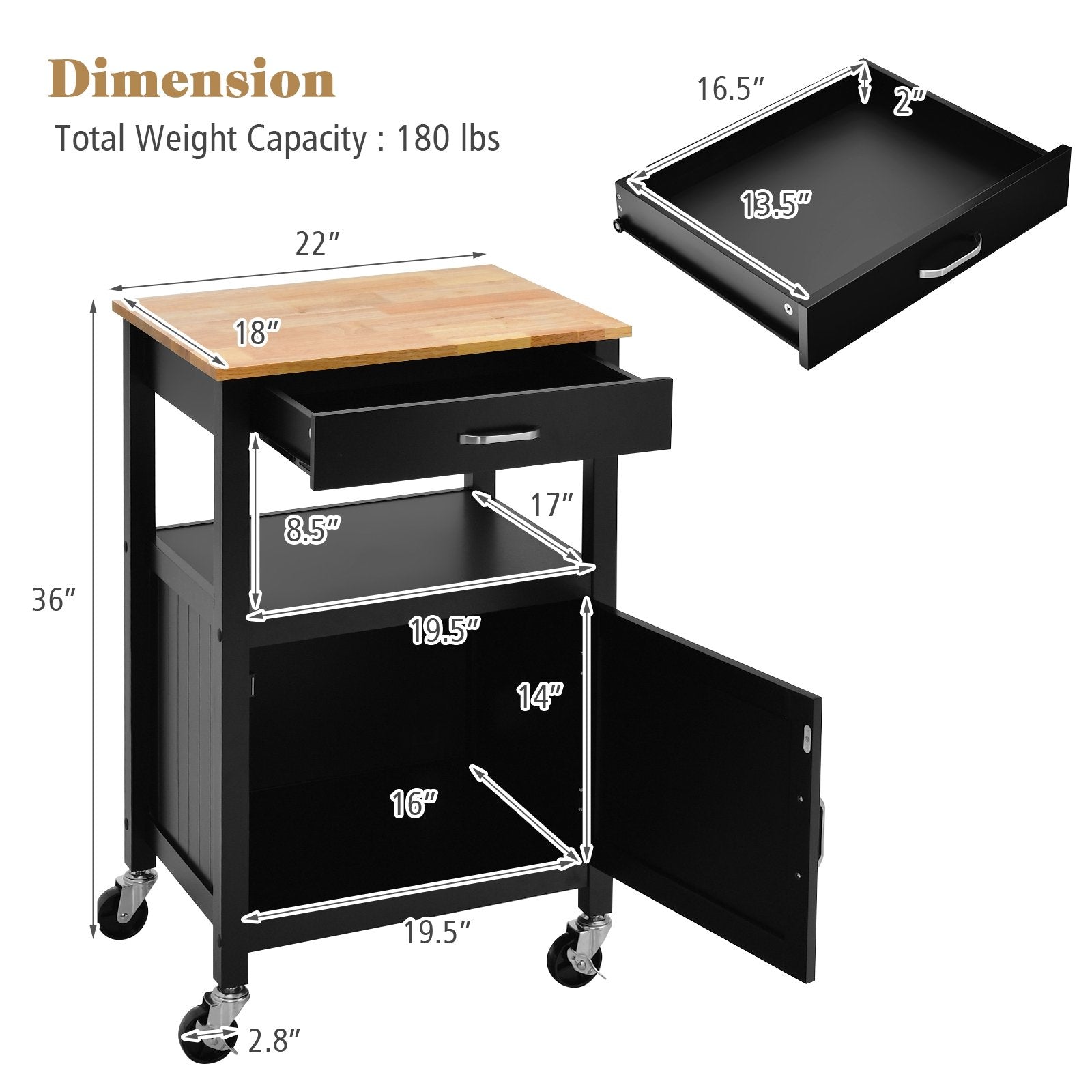 Rolling Kitchen Island Cart with Drawer and Side Hooks, Black Kitchen Islands & Carts   at Gallery Canada