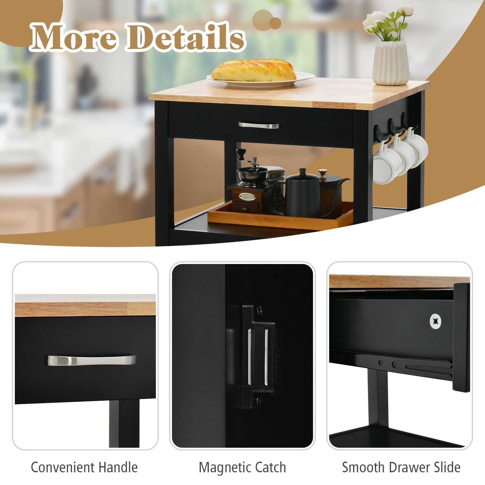 Rolling Kitchen Island Cart with Drawer and Side Hooks, Black Kitchen Islands & Carts   at Gallery Canada