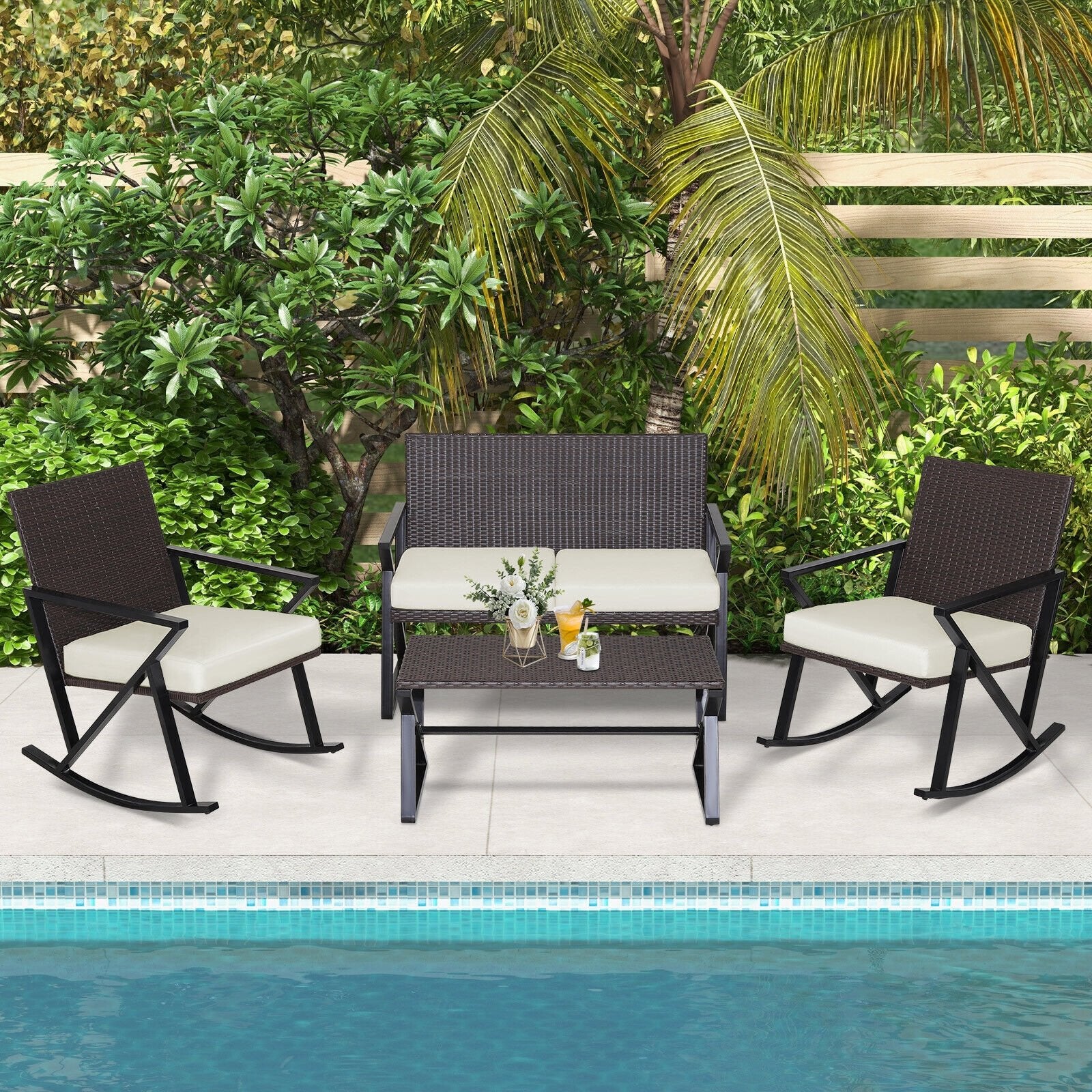 4 Pieces Rattan Patio Rocking Furniture Set with Loveseat and Coffee Table, Off White Patio Conversation Sets   at Gallery Canada