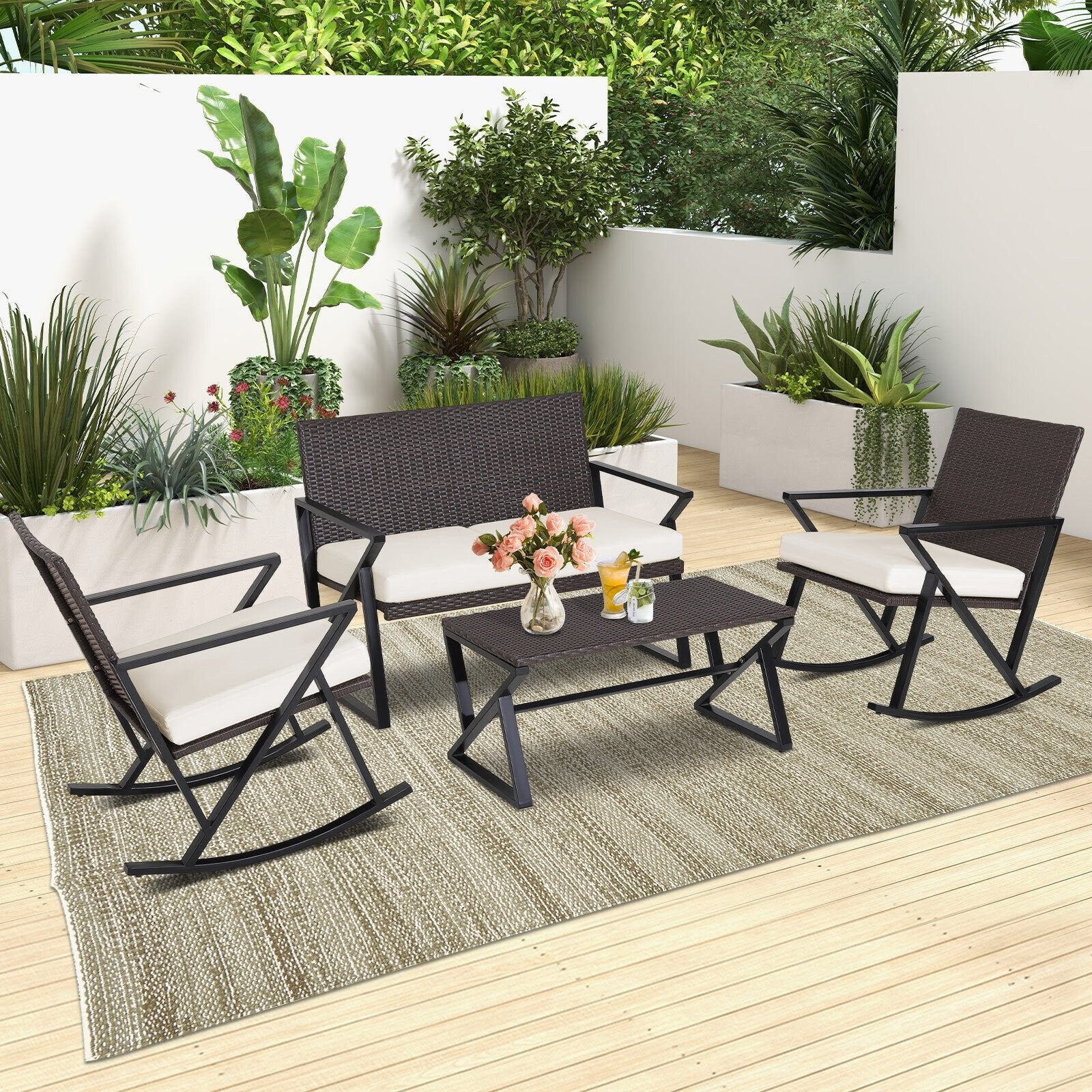 4 Pieces Rattan Patio Rocking Furniture Set with Loveseat and Coffee Table, Off White - Gallery Canada