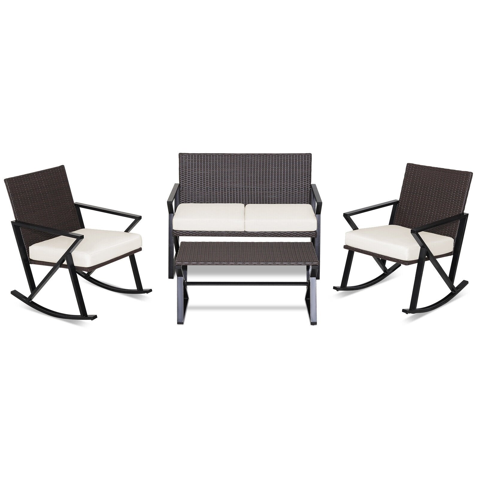 4 Pieces Rattan Patio Rocking Furniture Set with Loveseat and Coffee Table, Off White Patio Conversation Sets   at Gallery Canada