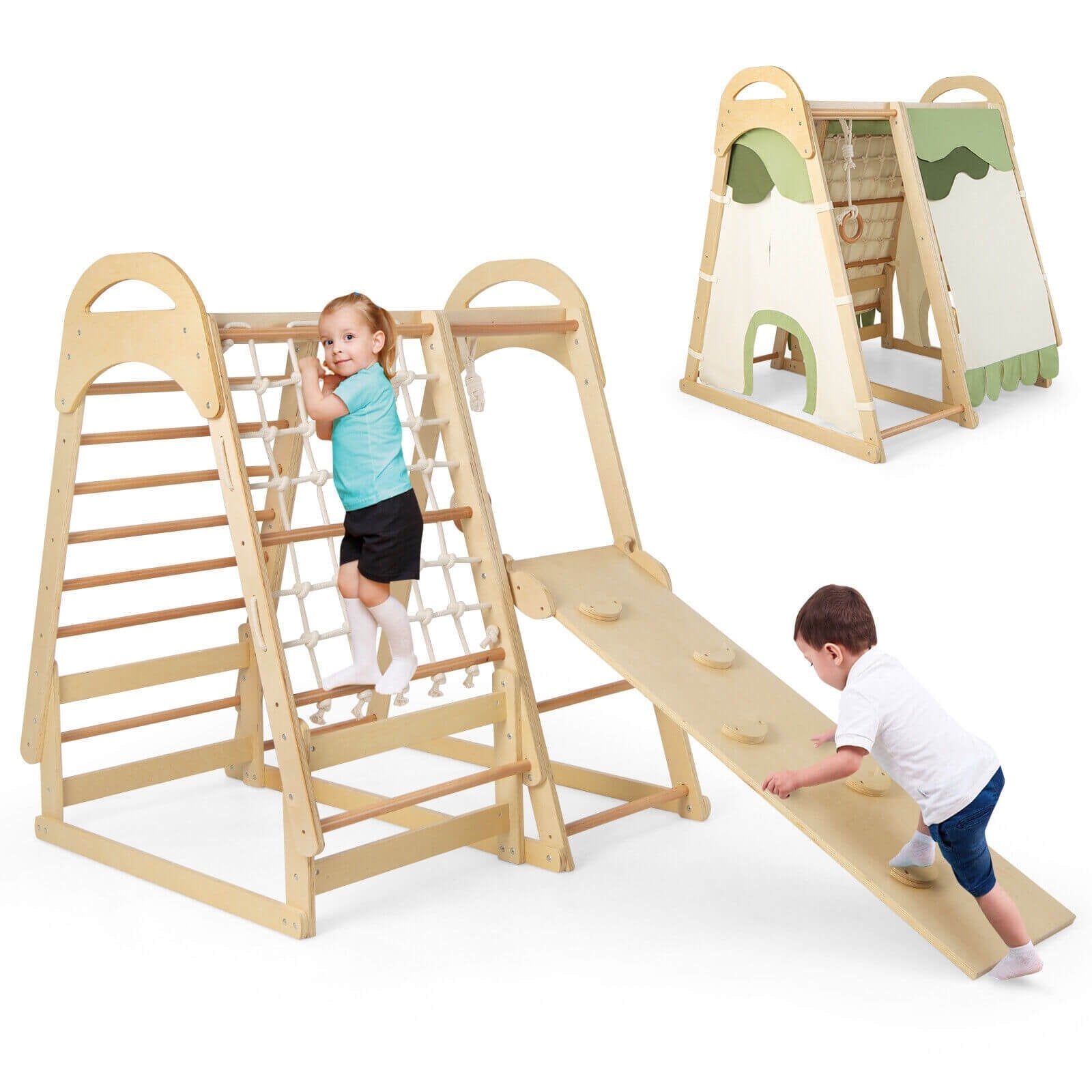 6-in-1 Wooden Kids Jungle Gym Playset with Slide Climbing Net, Natural Climbers & Slides   at Gallery Canada