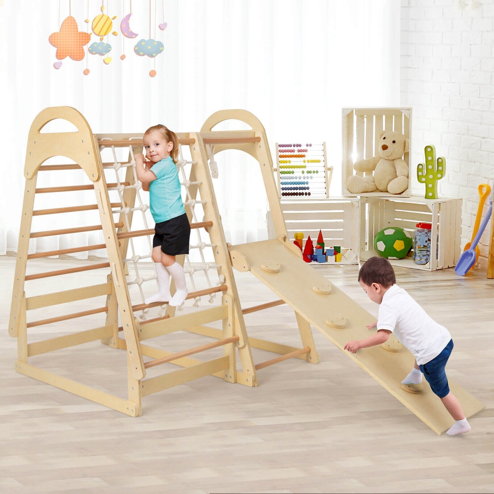 6-in-1 Wooden Kids Jungle Gym Playset with Slide Climbing Net, Natural Climbers & Slides   at Gallery Canada