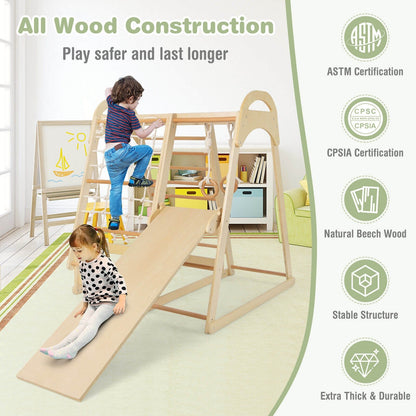 6-in-1 Wooden Kids Jungle Gym Playset with Slide Climbing Net, Natural Climbers & Slides   at Gallery Canada