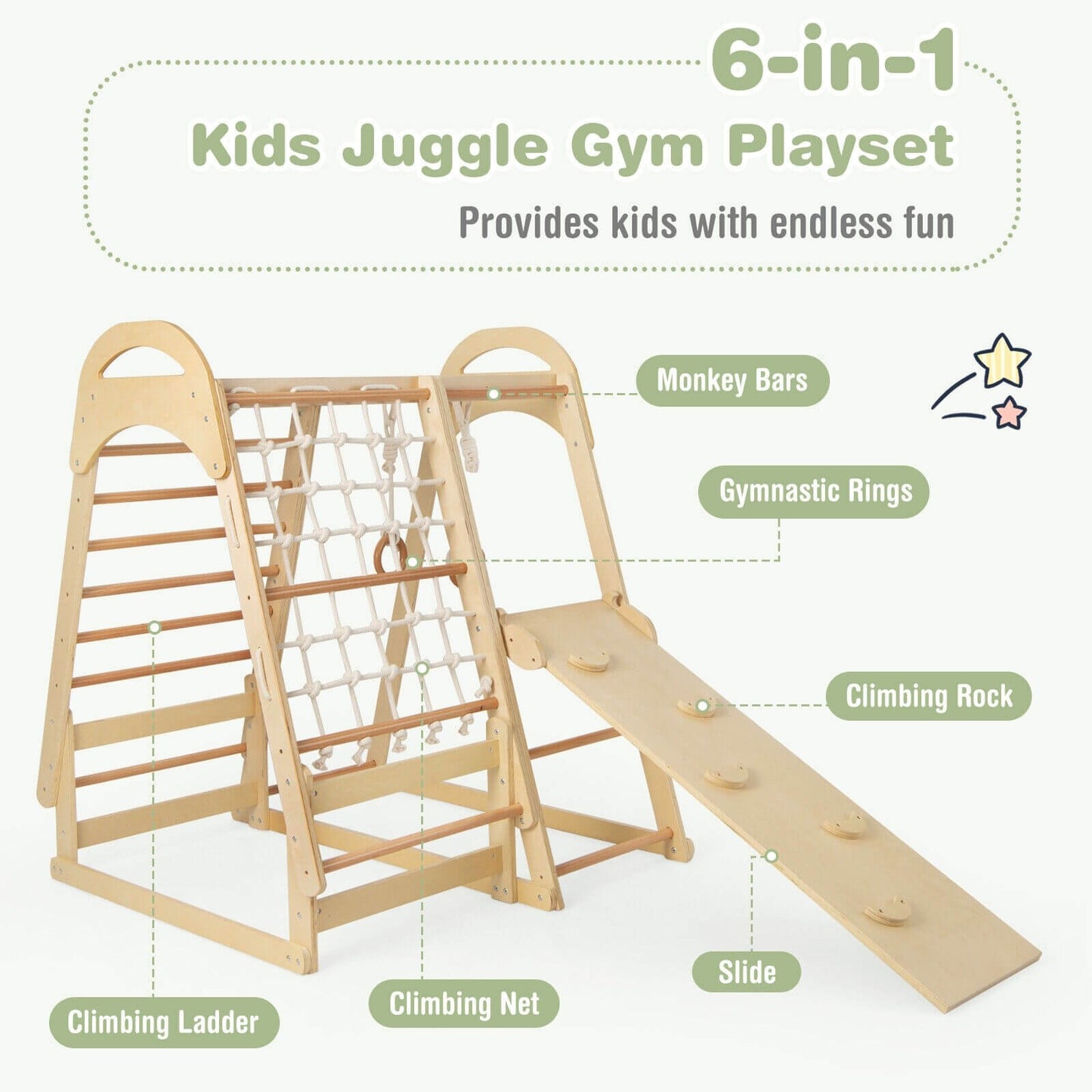 6-in-1 Wooden Kids Jungle Gym Playset with Slide Climbing Net, Natural - Gallery Canada