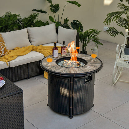 32 Inch Patio Round 30000 BTU Propane Fire Pit Table with Fire Glasses and PVC Cover, Black - Gallery Canada