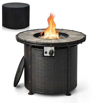 32 Inch Patio Round 30000 BTU Propane Fire Pit Table with Fire Glasses and PVC Cover, Black - Gallery Canada