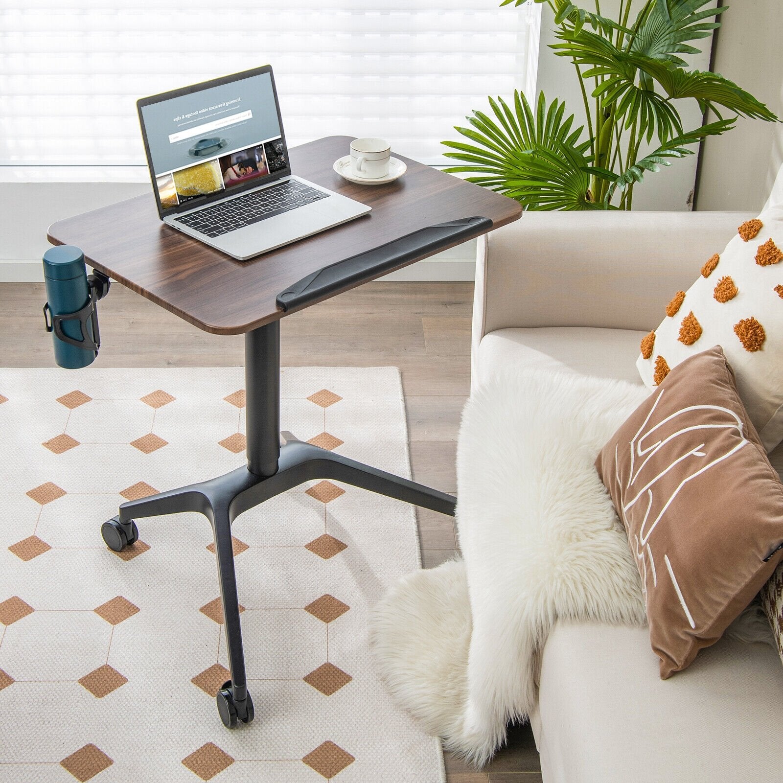 Pneumatic Standing Desk with Anti-fall Baffle and Cup Holder, Brown Laptop Tables & Printer Stands   at Gallery Canada