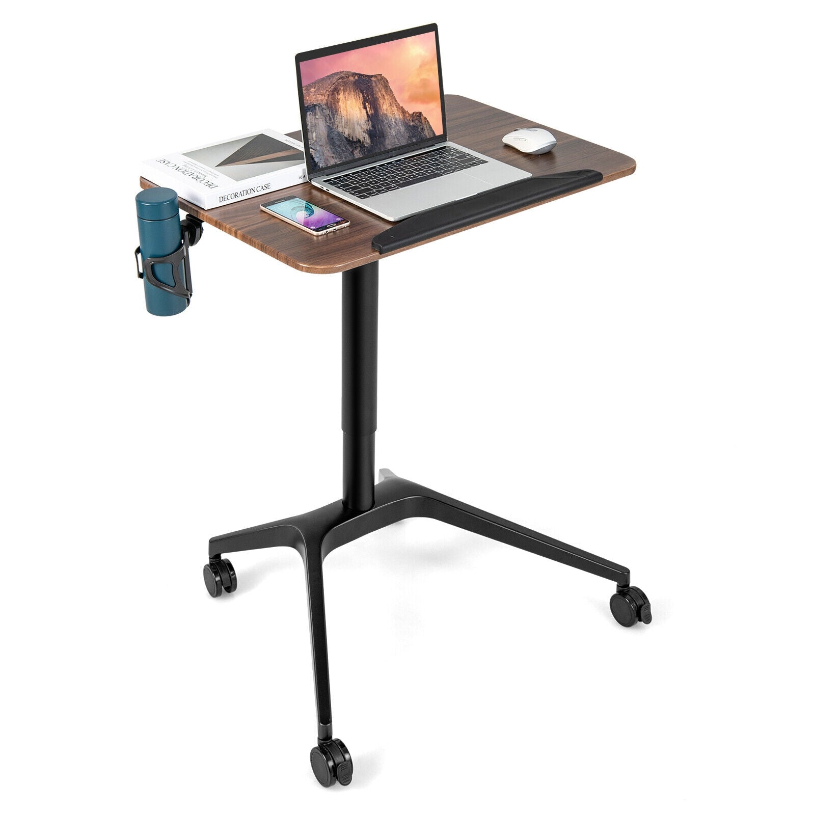 Pneumatic Standing Desk with Anti-fall Baffle and Cup Holder, Brown Laptop Tables & Printer Stands at Gallery Canada