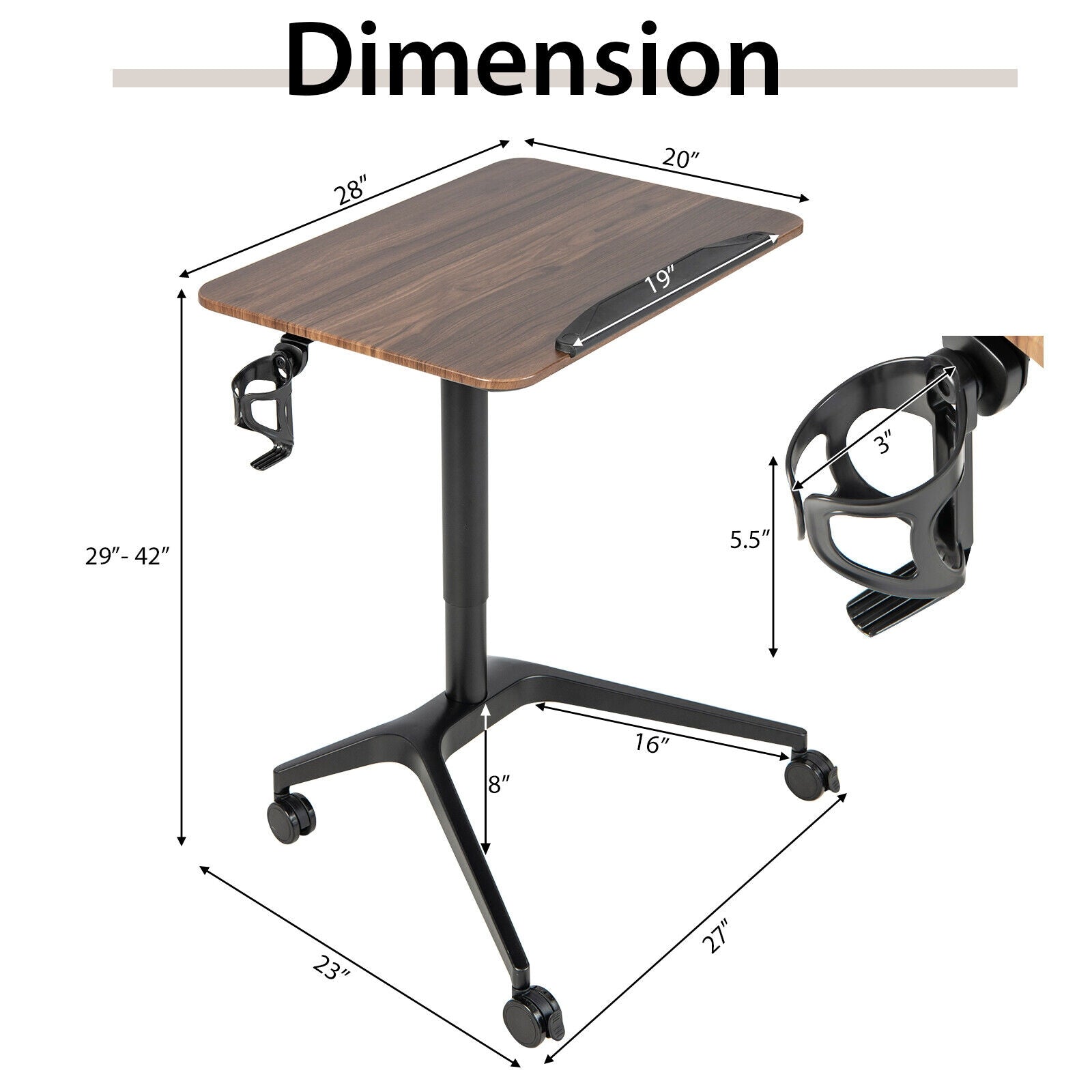 Pneumatic Standing Desk with Anti-fall Baffle and Cup Holder, Brown Laptop Tables & Printer Stands at Gallery Canada