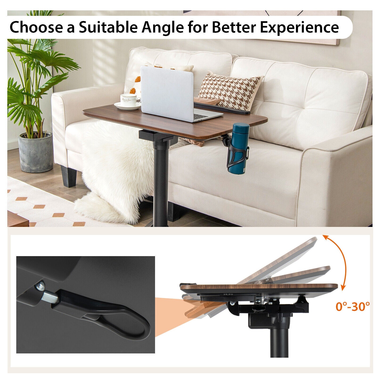 Pneumatic Standing Desk with Anti-fall Baffle and Cup Holder, Brown Laptop Tables & Printer Stands at Gallery Canada