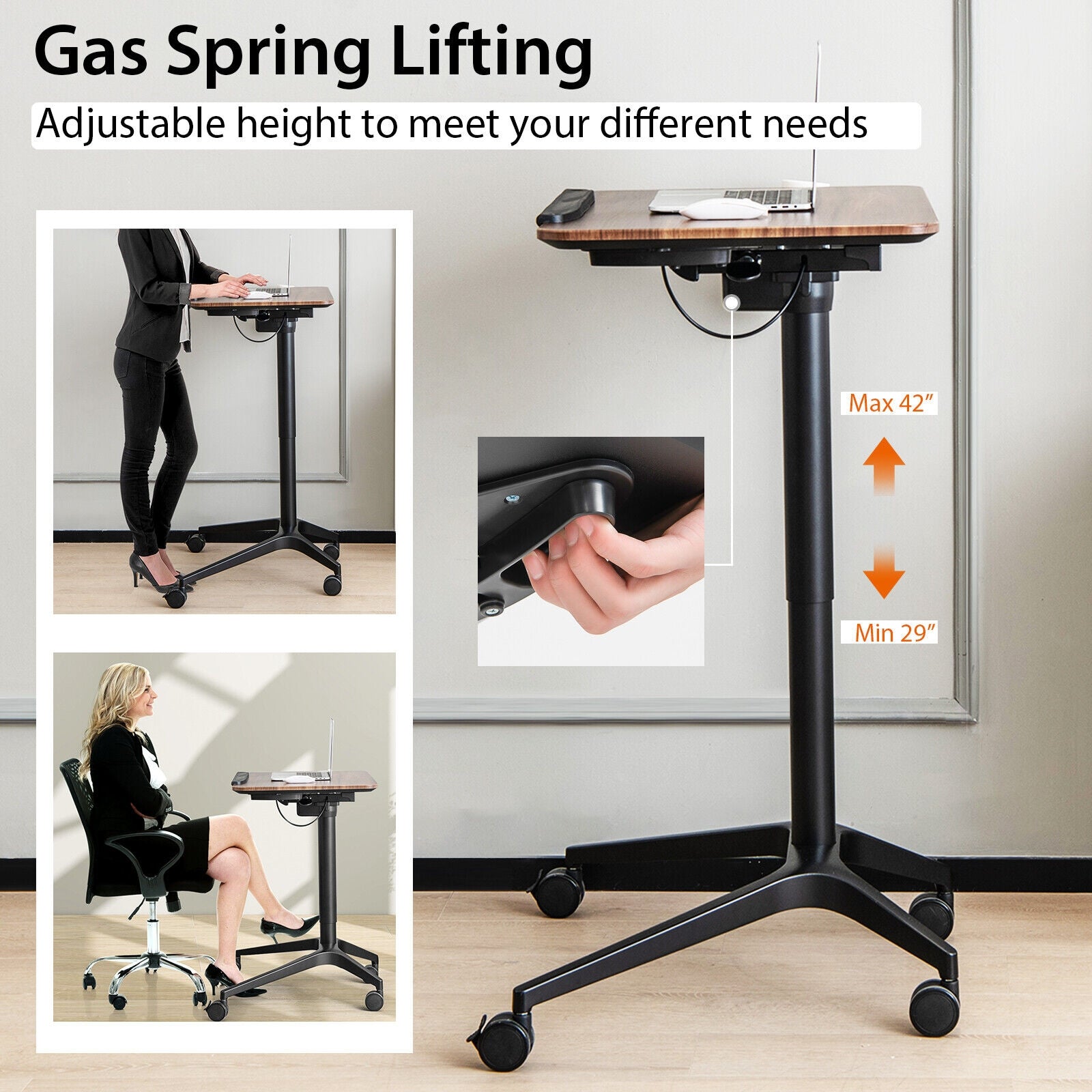 Pneumatic Standing Desk with Anti-fall Baffle and Cup Holder, Brown Laptop Tables & Printer Stands at Gallery Canada