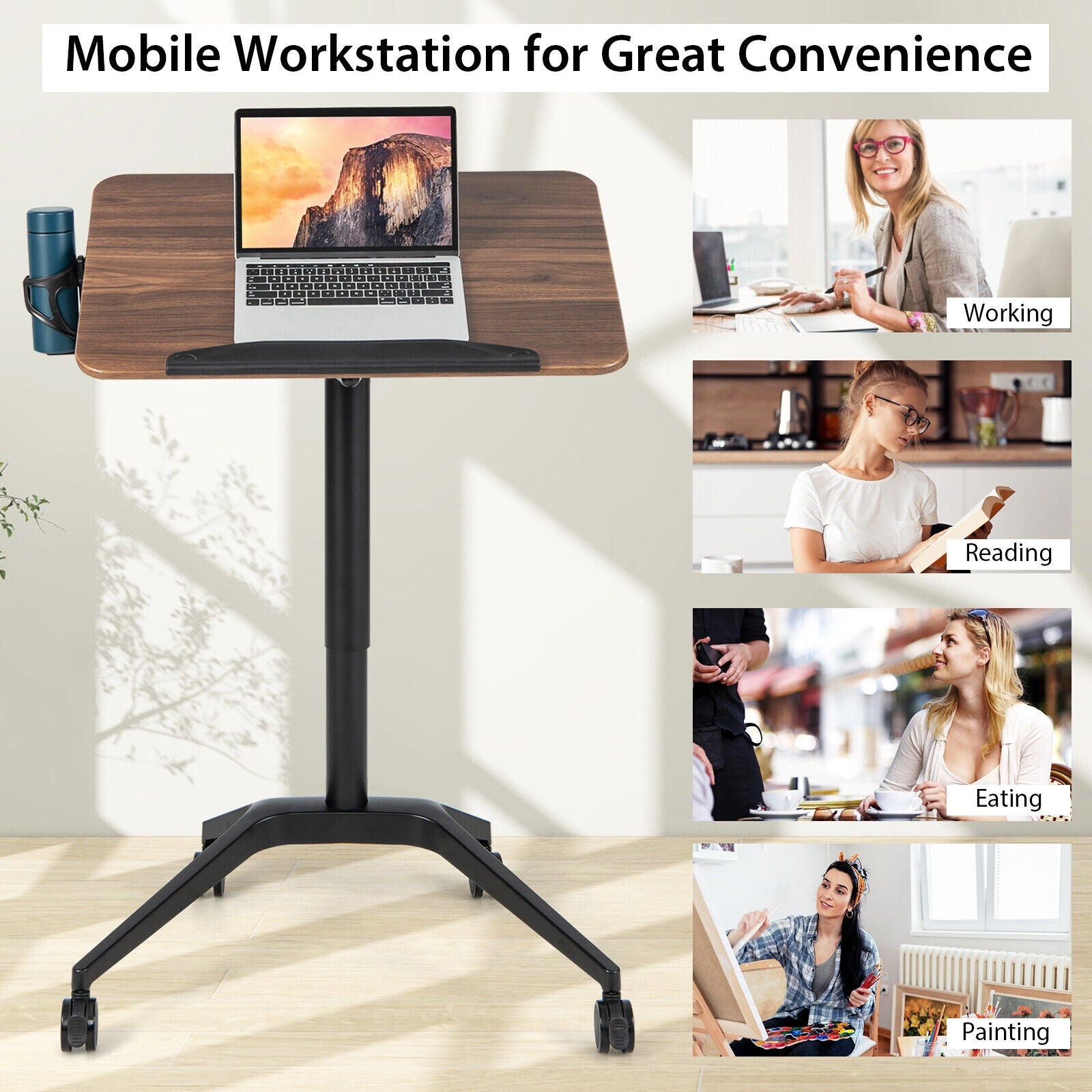 Pneumatic Standing Desk with Anti-fall Baffle and Cup Holder, Brown Laptop Tables & Printer Stands at Gallery Canada