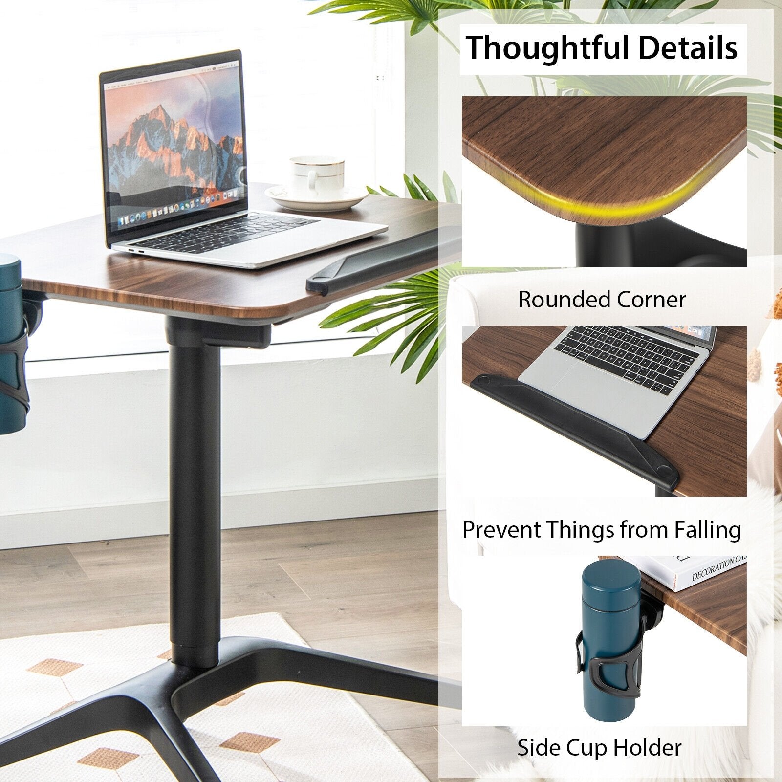 Pneumatic Standing Desk with Anti-fall Baffle and Cup Holder, Brown Laptop Tables & Printer Stands   at Gallery Canada