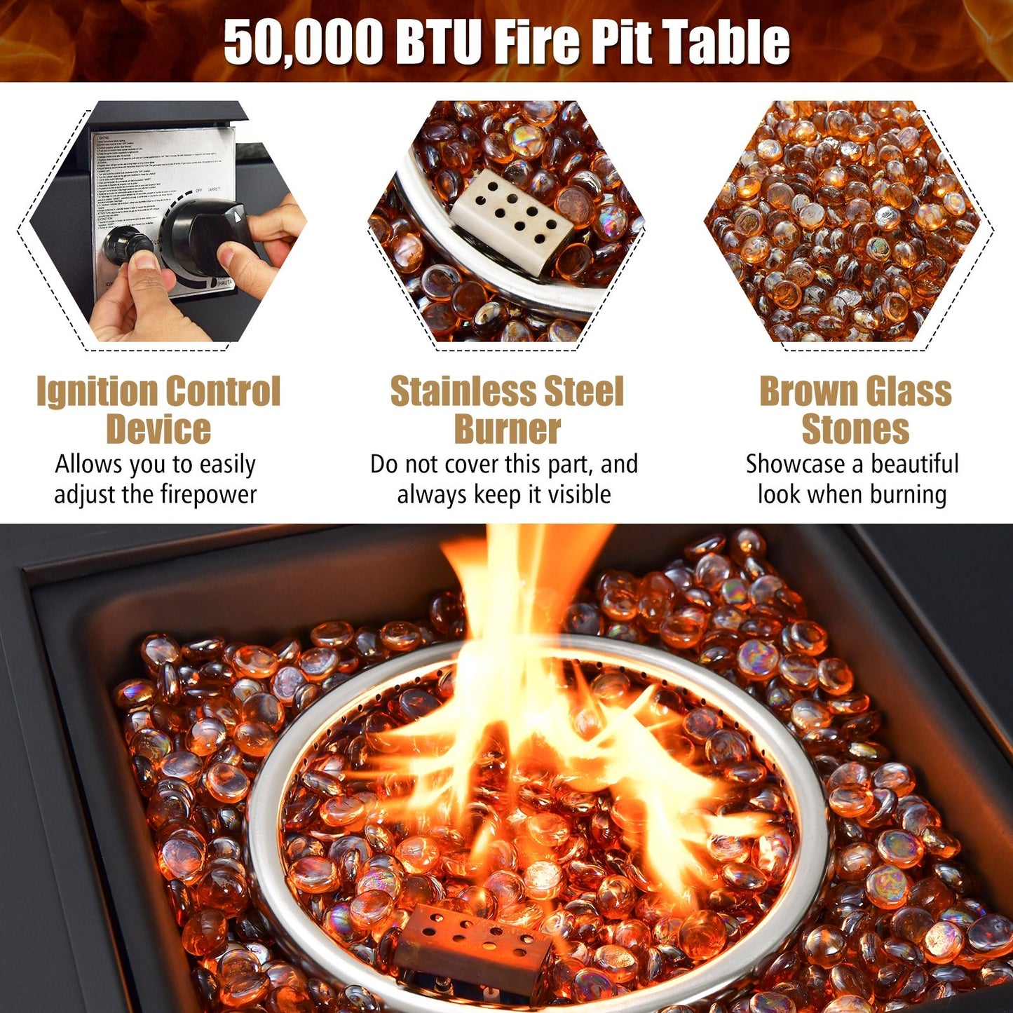 50 000 BTU 32 Inch Square Propane Gas Fire Pit Table, Black Fire Pit Tables   at Gallery Canada