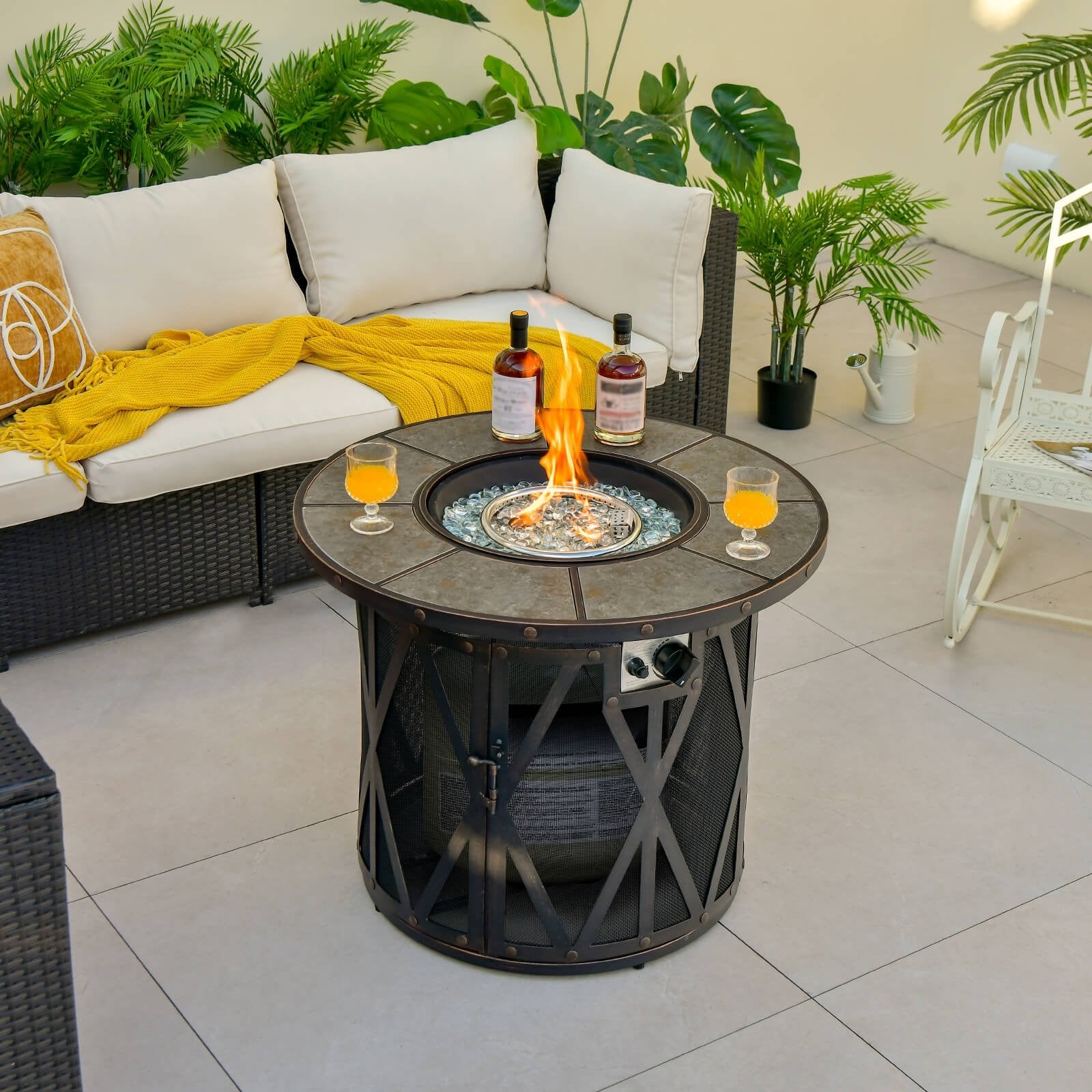 32 Inch 30000BTU Fire Pit Table with Fire Glasses and PVC Cover, Black Fire Pit Tables   at Gallery Canada