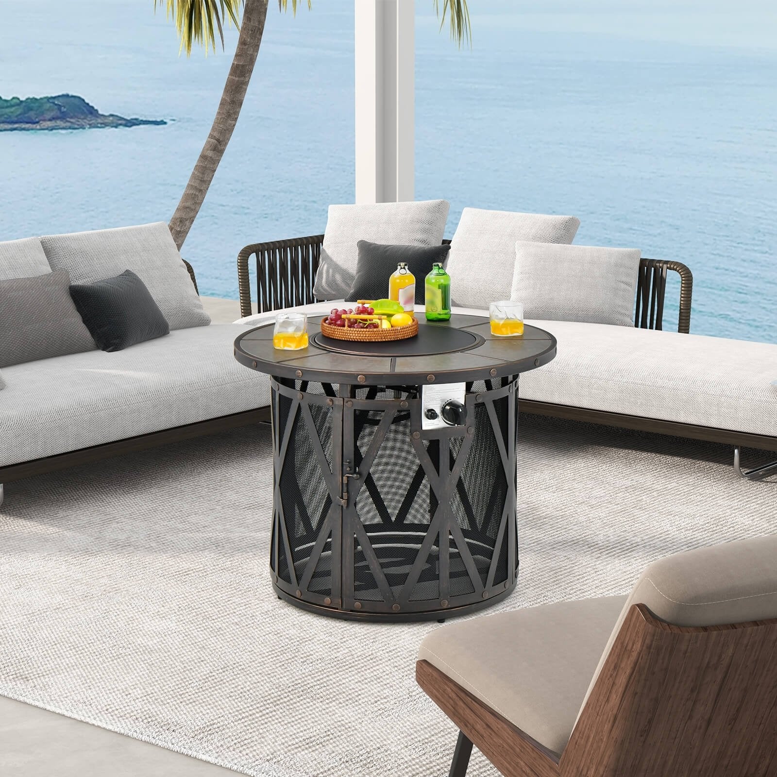 32 Inch 30000BTU Fire Pit Table with Fire Glasses and PVC Cover, Black Fire Pit Tables   at Gallery Canada