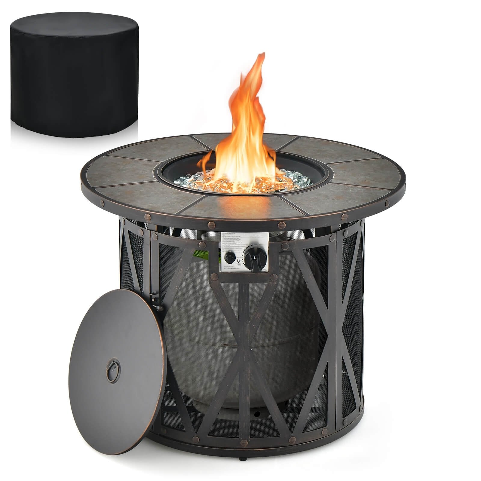 32 Inch 30000BTU Fire Pit Table with Fire Glasses and PVC Cover, Black Fire Pit Tables   at Gallery Canada