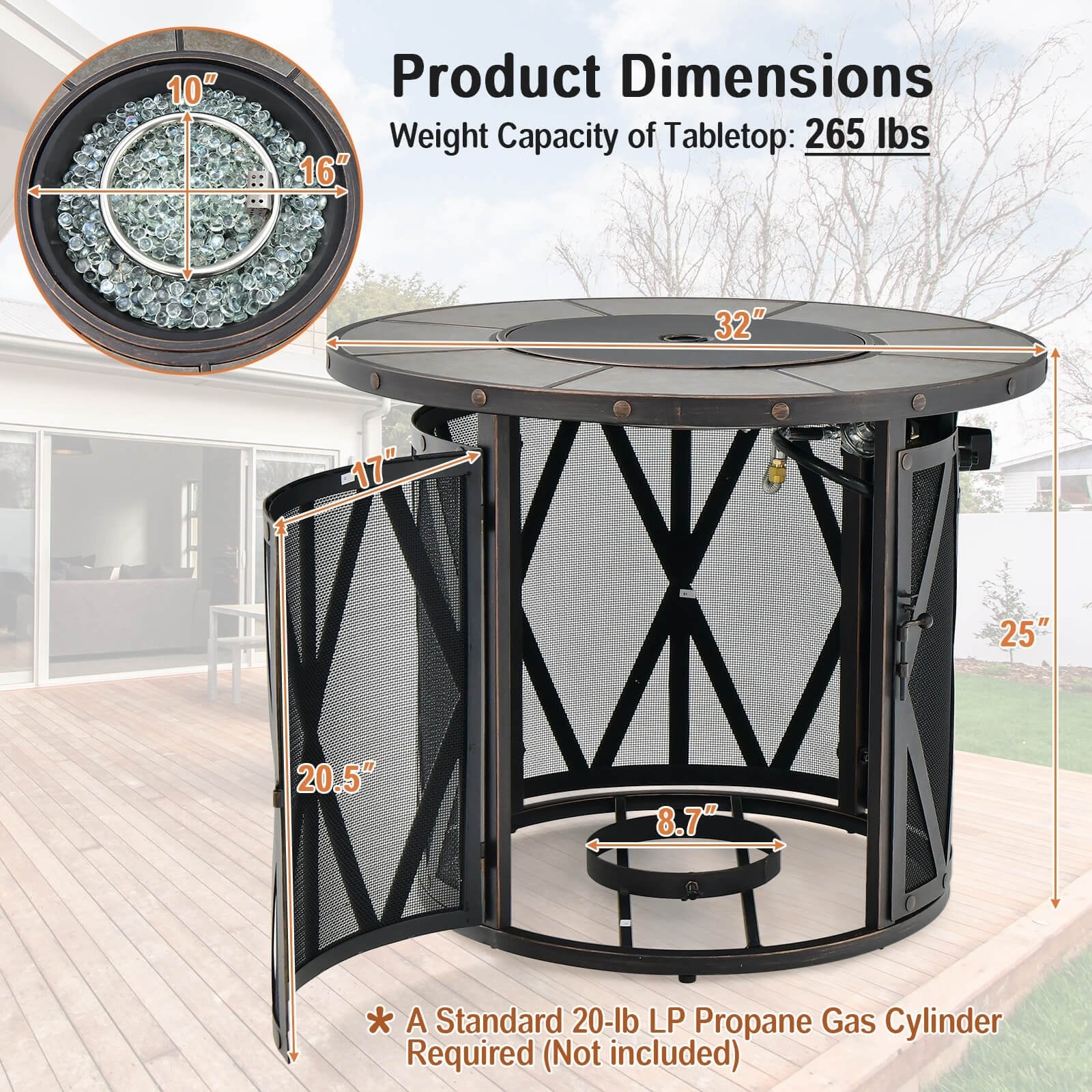 32 Inch 30000BTU Fire Pit Table with Fire Glasses and PVC Cover, Black Fire Pit Tables   at Gallery Canada