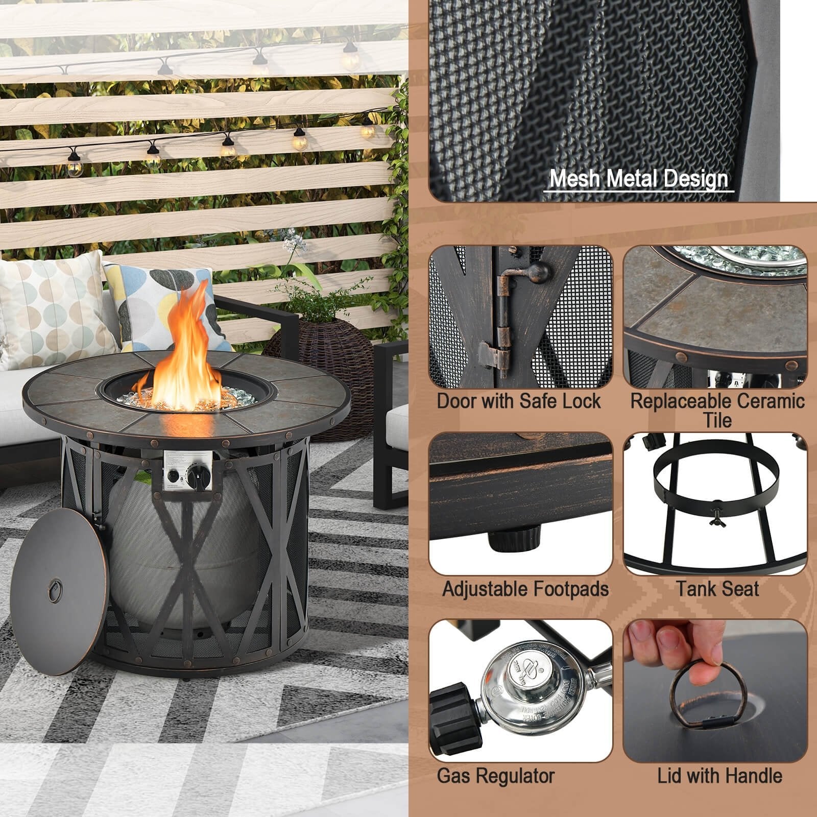 32 Inch 30000BTU Fire Pit Table with Fire Glasses and PVC Cover, Black Fire Pit Tables   at Gallery Canada