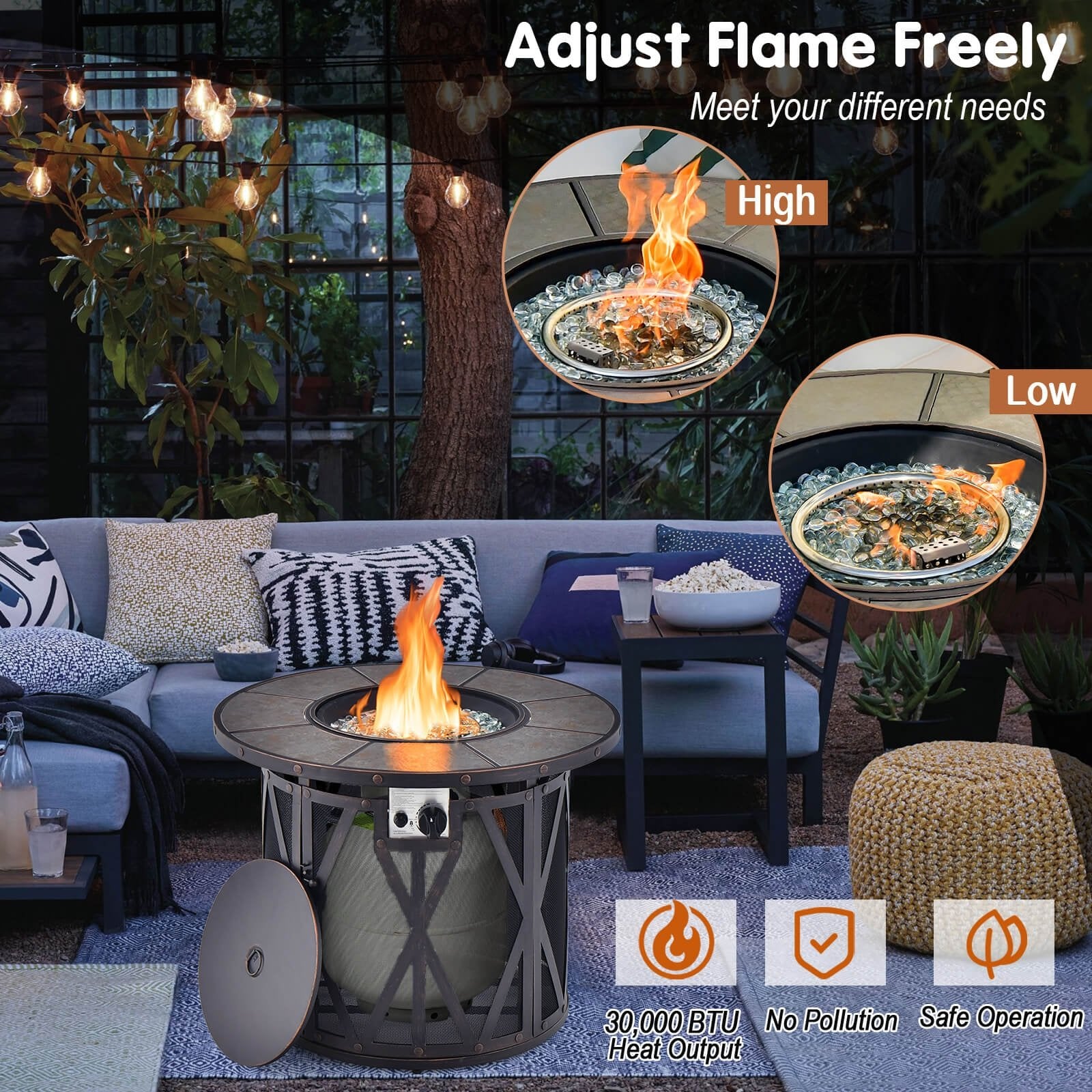 32 Inch 30000BTU Fire Pit Table with Fire Glasses and PVC Cover, Black Fire Pit Tables   at Gallery Canada