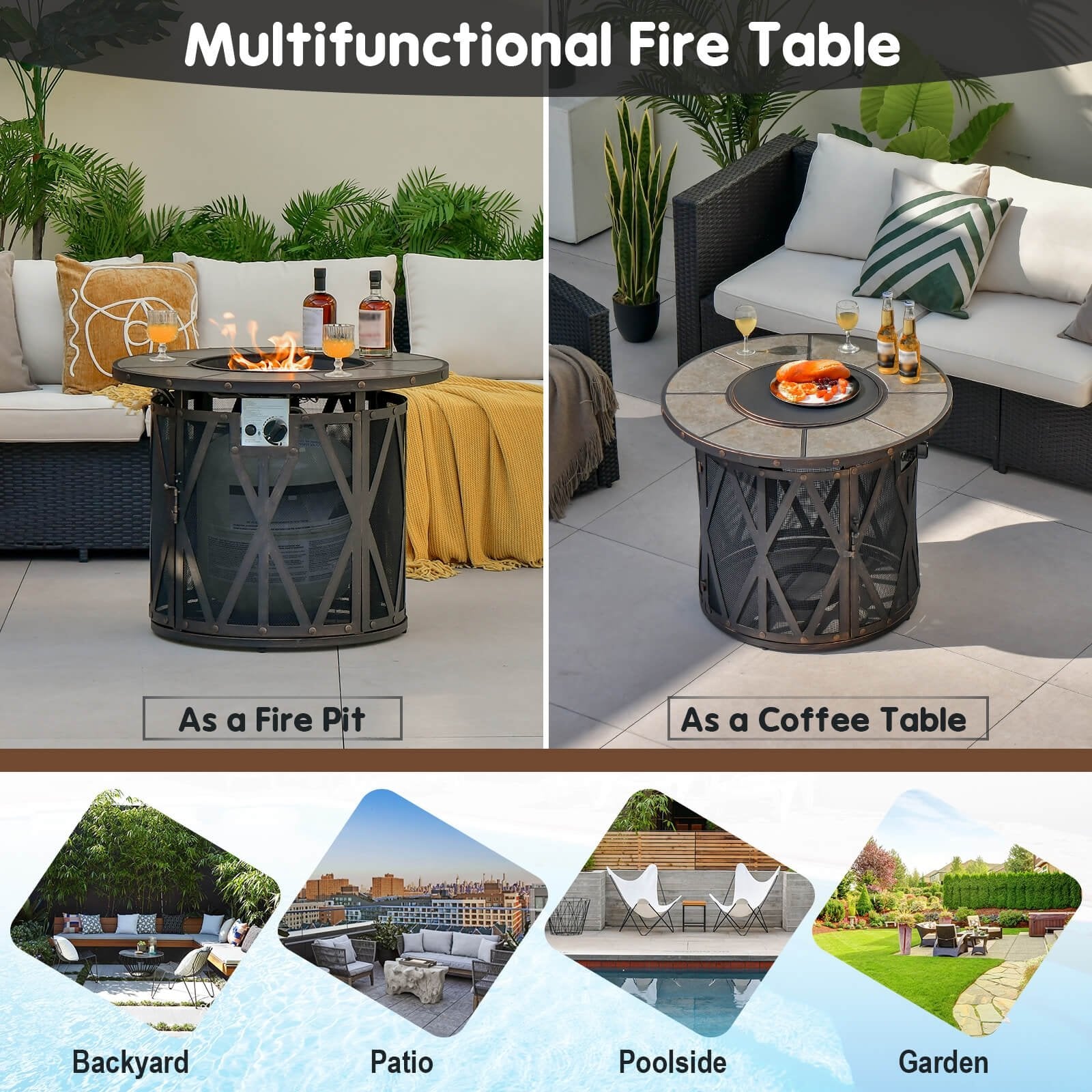 32 Inch 30000BTU Fire Pit Table with Fire Glasses and PVC Cover, Black Fire Pit Tables   at Gallery Canada