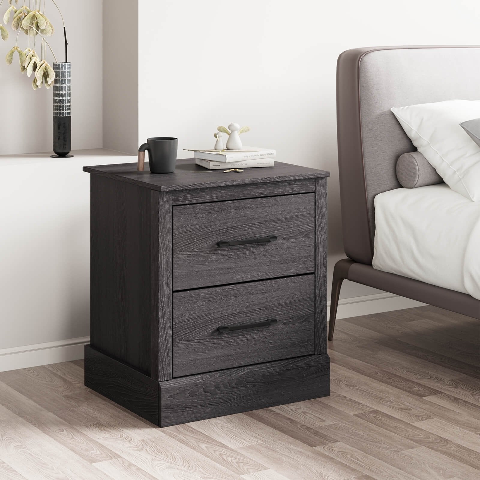 Wood Compact Floor Nightstand with Storage Drawers, Dark Gray Nightstands   at Gallery Canada