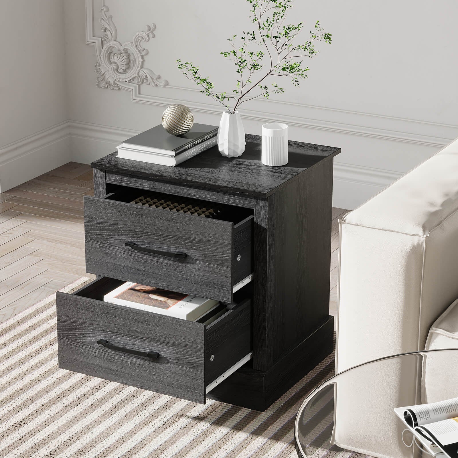 Wood Compact Floor Nightstand with Storage Drawers, Dark Gray Nightstands at Gallery Canada