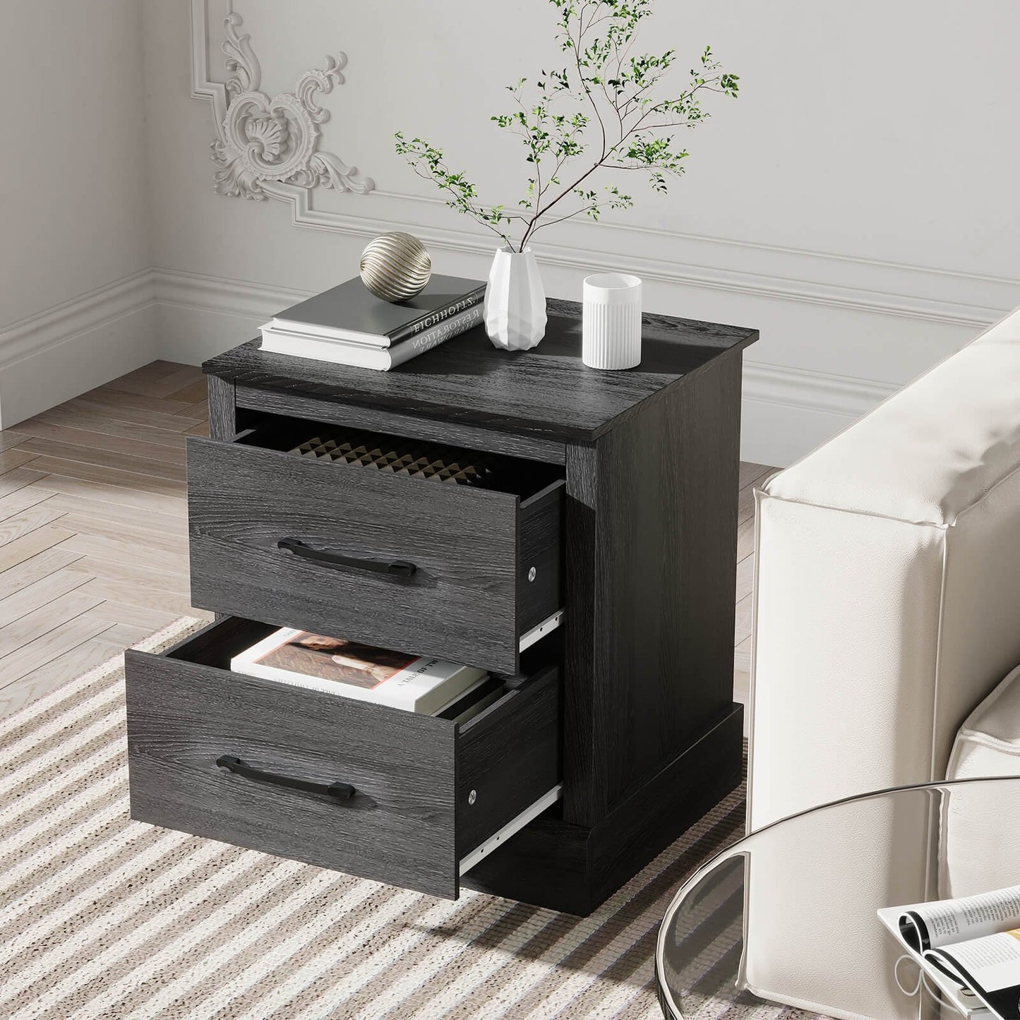 Wood Compact Floor Nightstand with Storage Drawers, Dark Gray Nightstands   at Gallery Canada