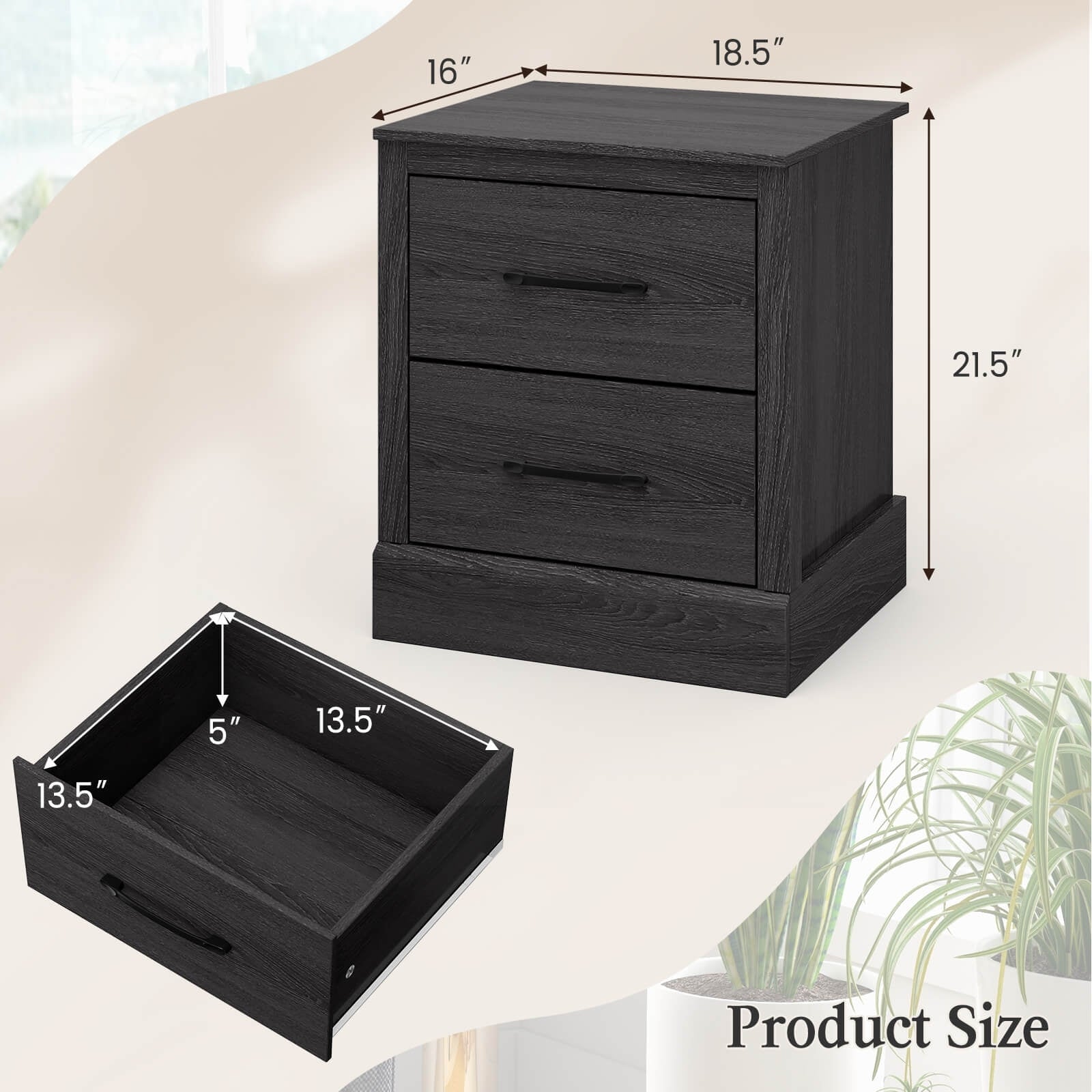Wood Compact Floor Nightstand with Storage Drawers, Dark Gray Nightstands at Gallery Canada
