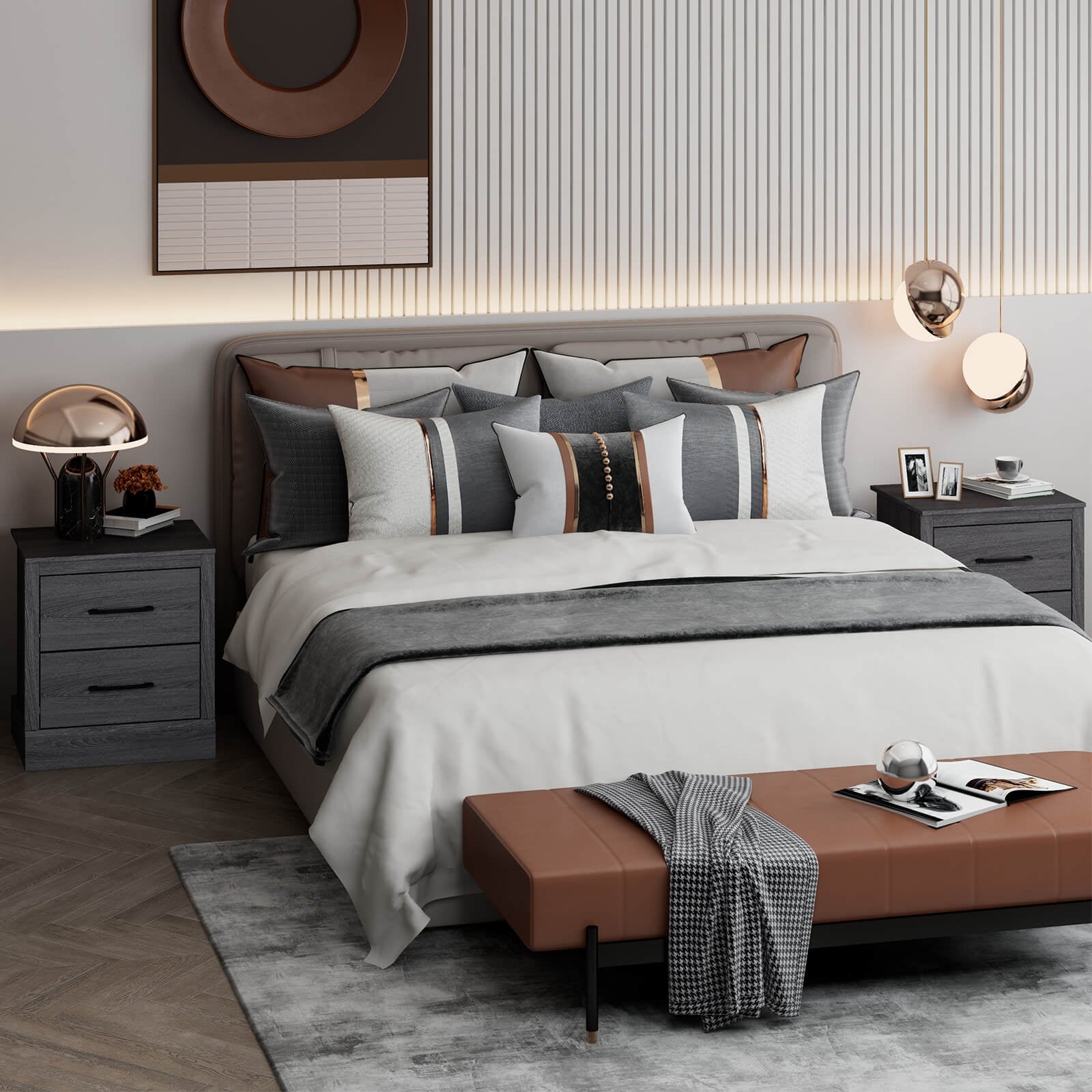 Wood Compact Floor Nightstand with Storage Drawers, Dark Gray Nightstands at Gallery Canada