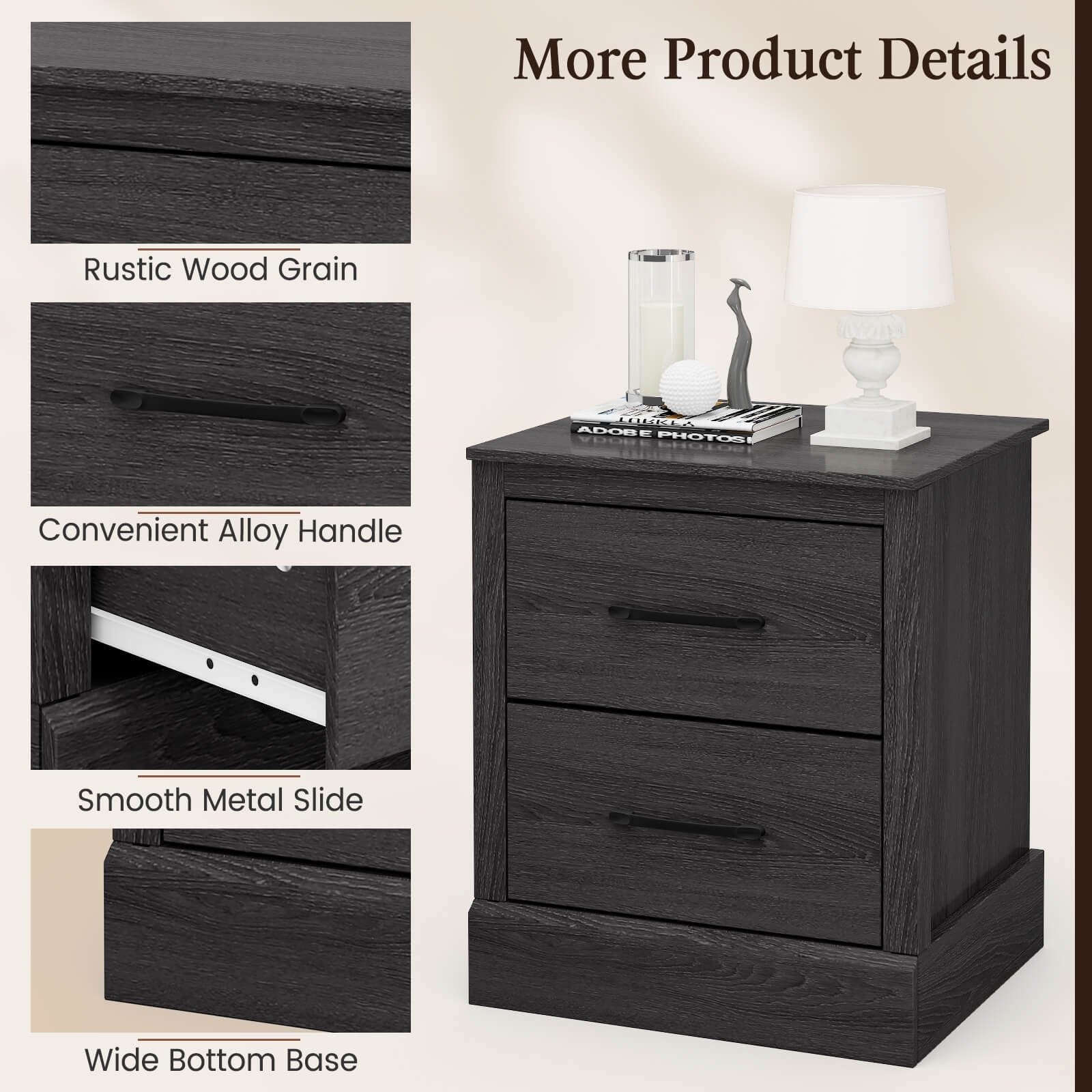 Wood Compact Floor Nightstand with Storage Drawers, Dark Gray Nightstands   at Gallery Canada