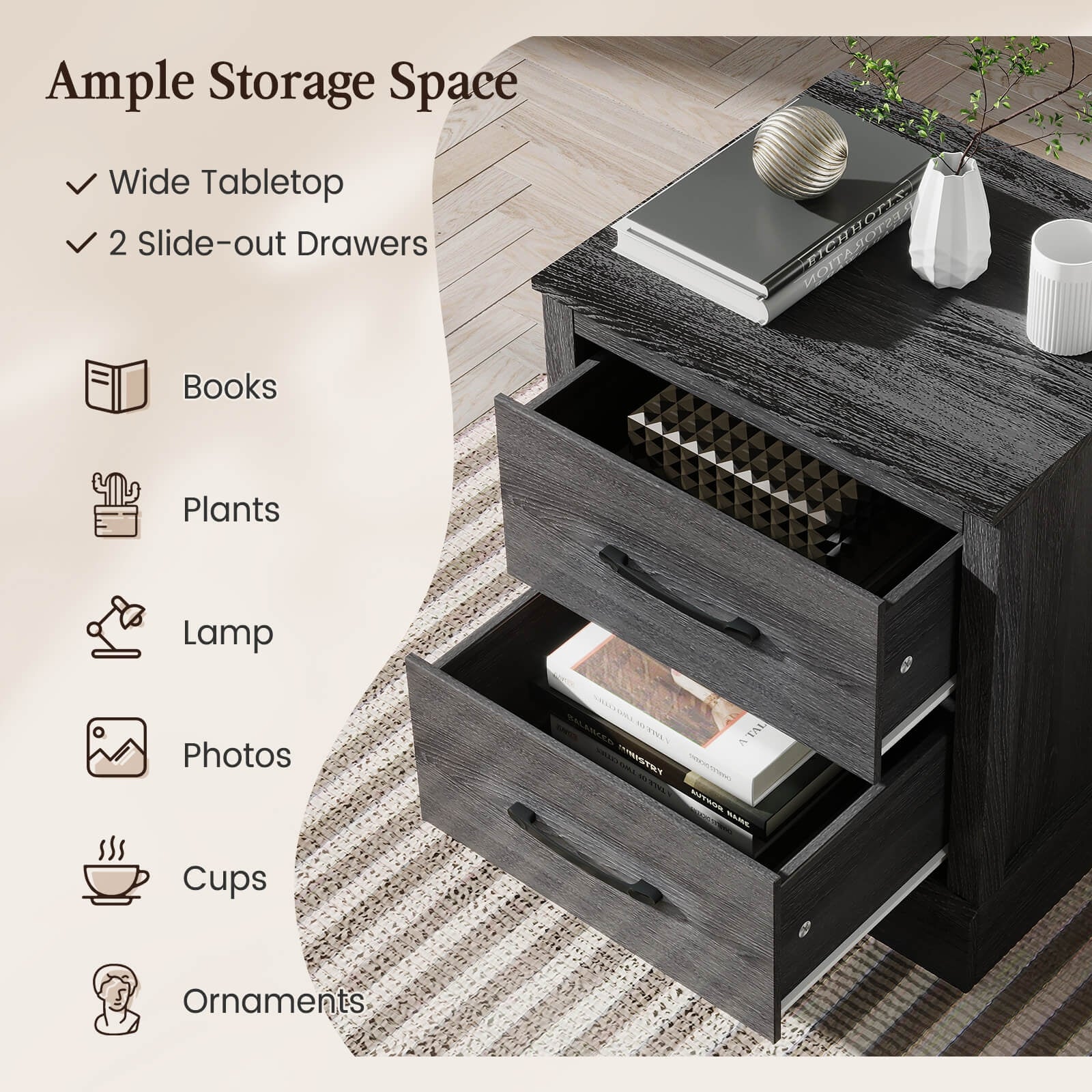 Wood Compact Floor Nightstand with Storage Drawers, Dark Gray Nightstands at Gallery Canada