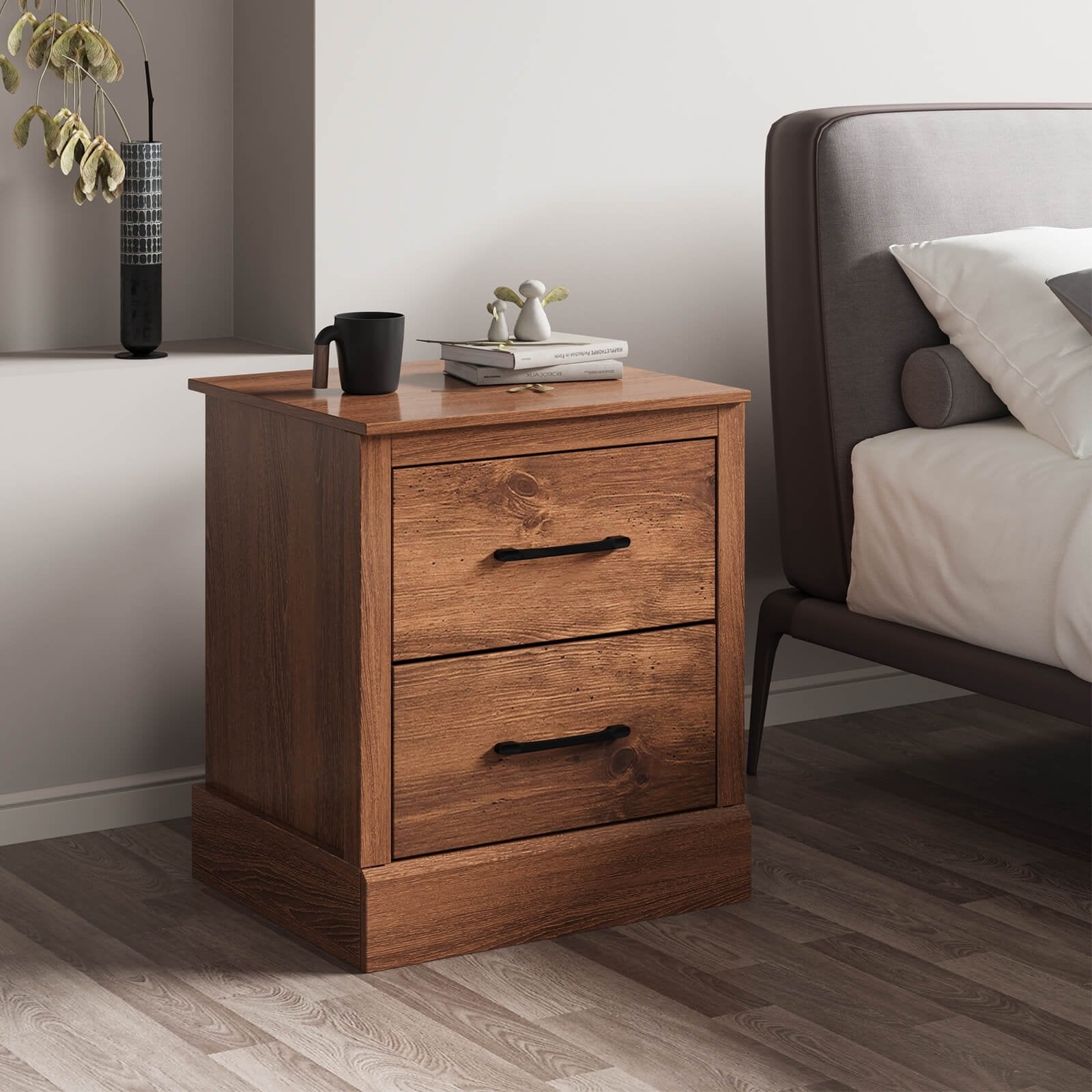 Wood Compact Floor Nightstand with Storage Drawers, Rustic Brown Nightstands   at Gallery Canada