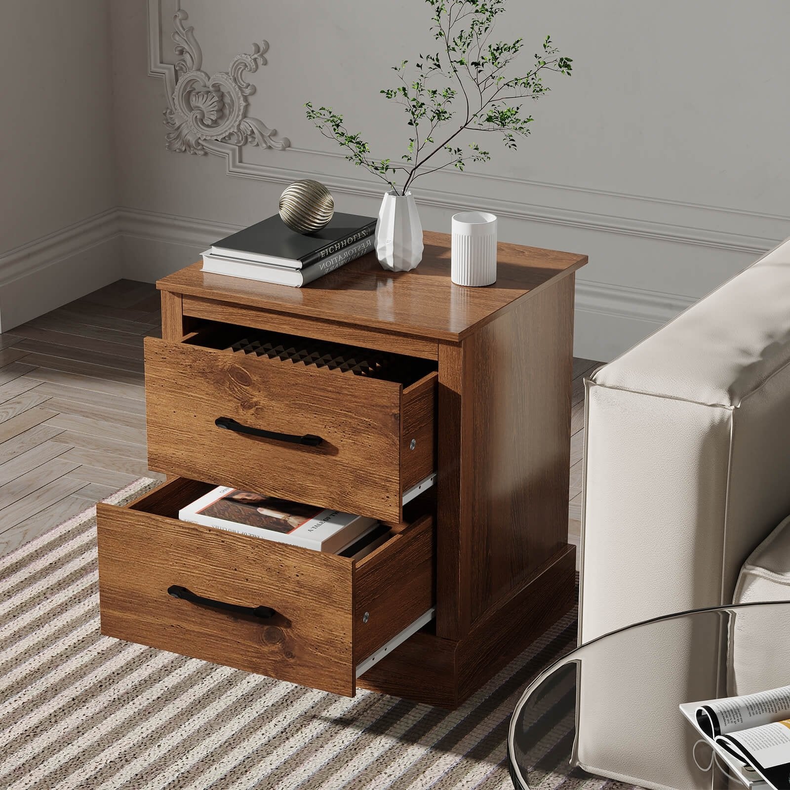 Wood Compact Floor Nightstand with Storage Drawers, Rustic Brown Nightstands   at Gallery Canada