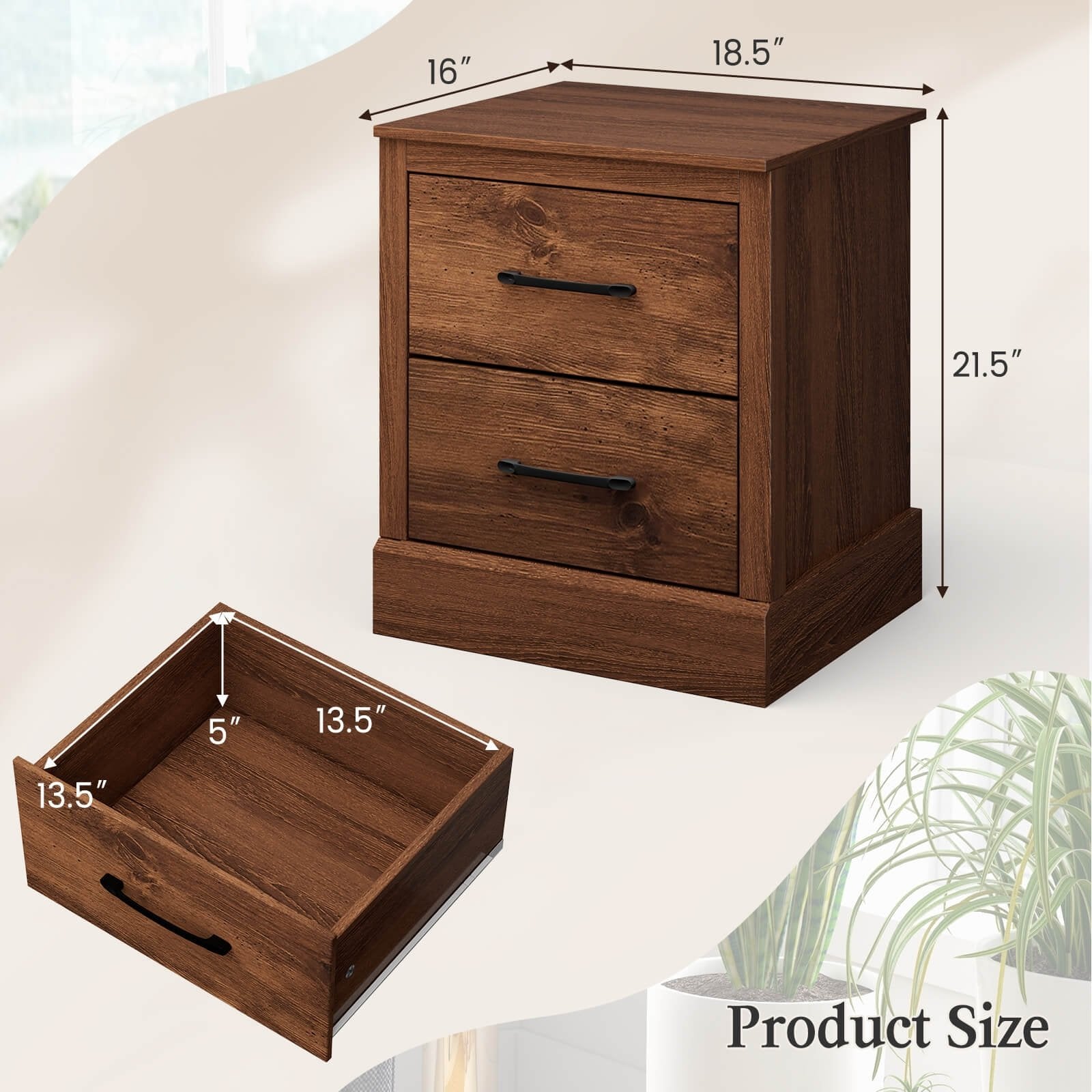 Wood Compact Floor Nightstand with Storage Drawers, Rustic Brown Nightstands   at Gallery Canada